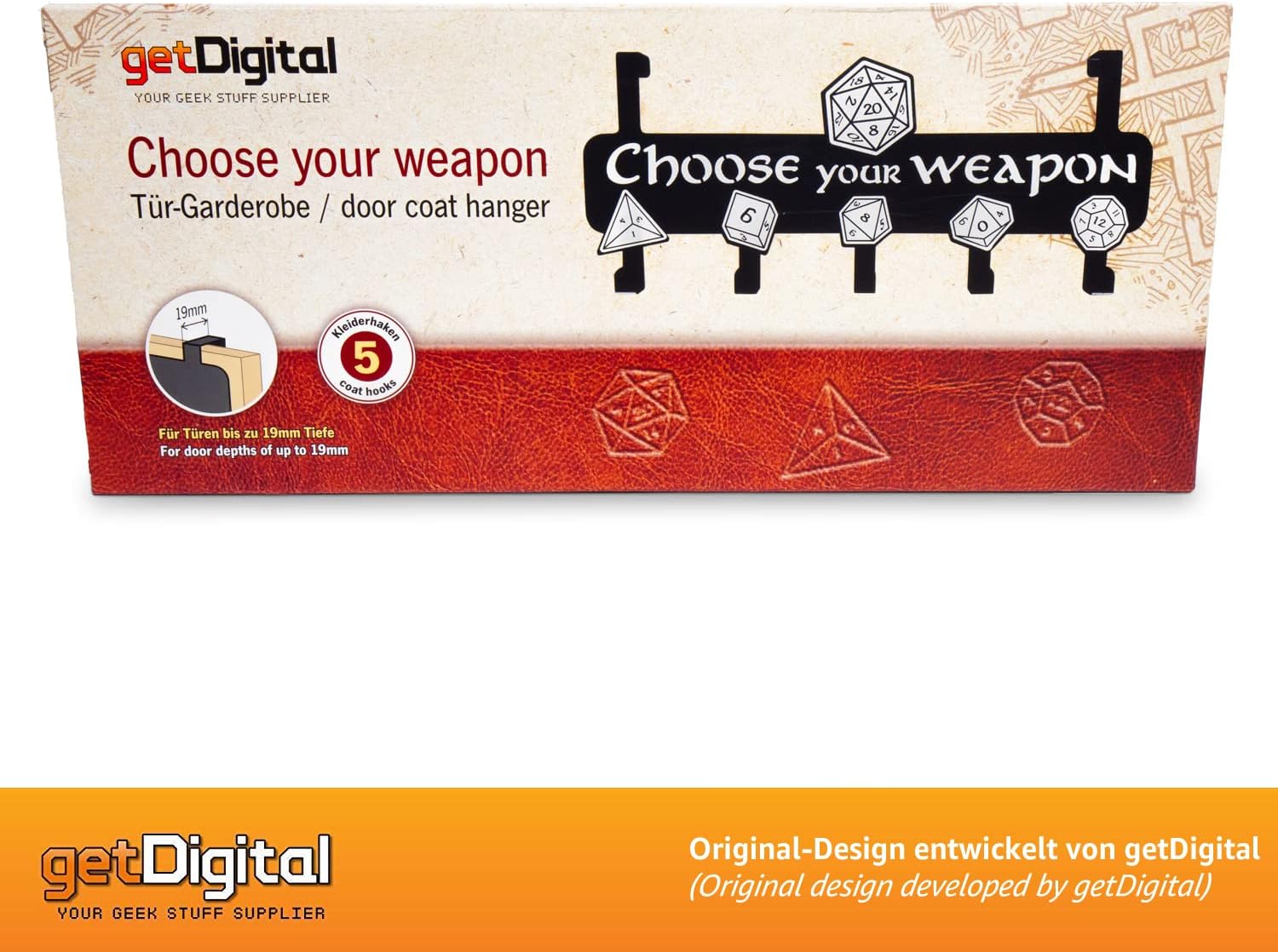 getDigital Door Coat Hanger Choose your weapon - Wall-Mounted Rack 5 Metal Hooks, Geeky Home and Office Decor RPG Dice Design - Stainless Steel, 15.3 x 5.2 in, Black
