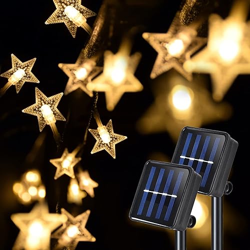 Guirnalda de luces solares de estrella paquete de 2 unidades cada una de 42 pies con 100 luces LED de hadas alimentadas por energía solar 8 modos de