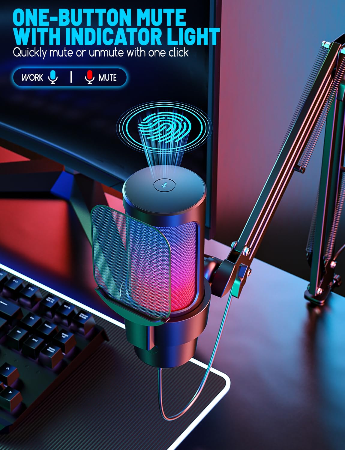 OBVHNUA - Micrófono de Condensador USB - Micrófono Streaming, RGB Microfono PC, Plug & Play PS 4&5, Filtro Anti-Pop, Silencio de Una Tecla para Podcast、Gaming、Youtube Mac&Windows (Negro-con Brazo)