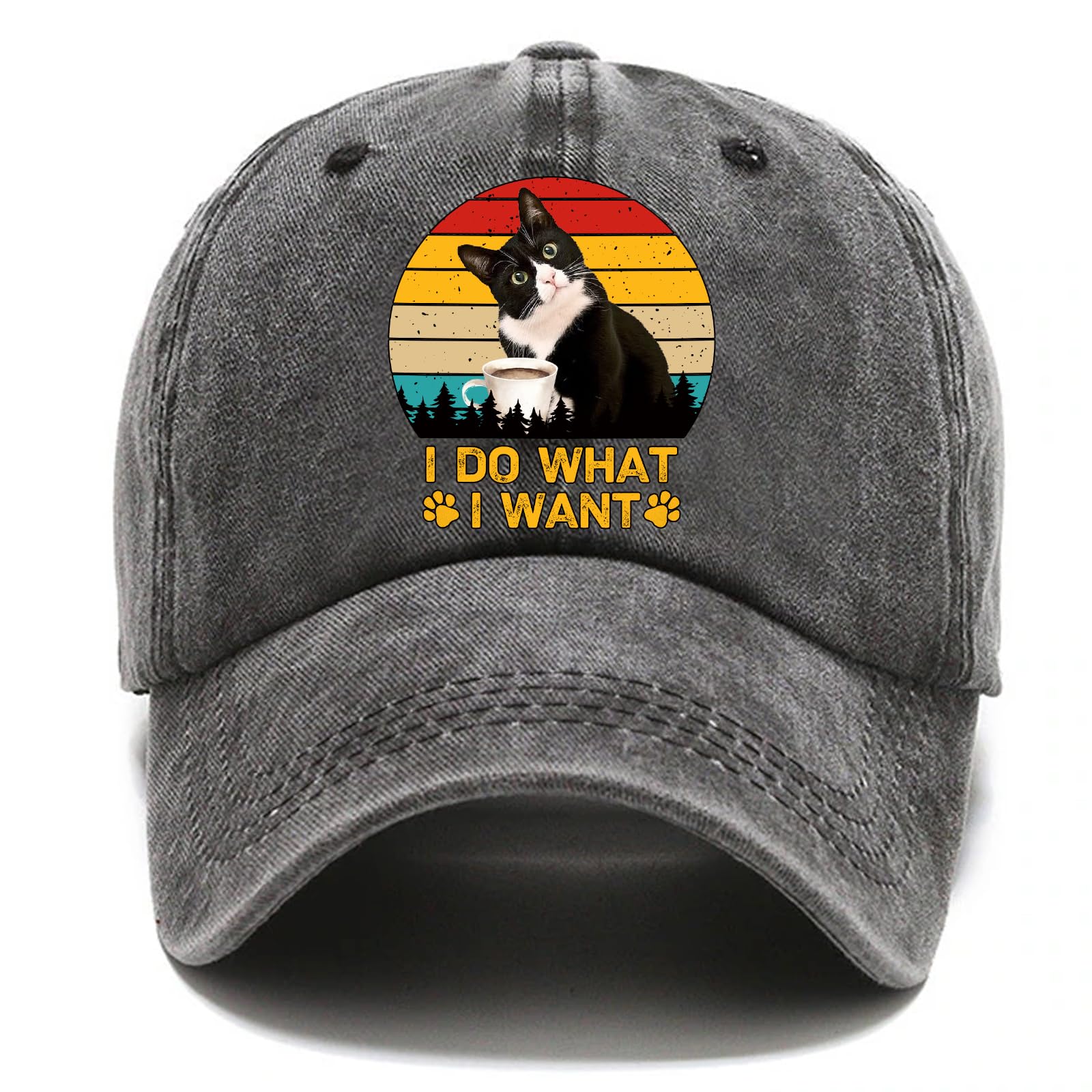 PishoviI Do What I Want Fun Distressed Washed Black Baseball Cap, Cute Cat Vintage Adjustable Cotton Cap, Retirement Gifts for Men Women, Christmas Birthday Gifts for Mom Dad BFF Cat Lover