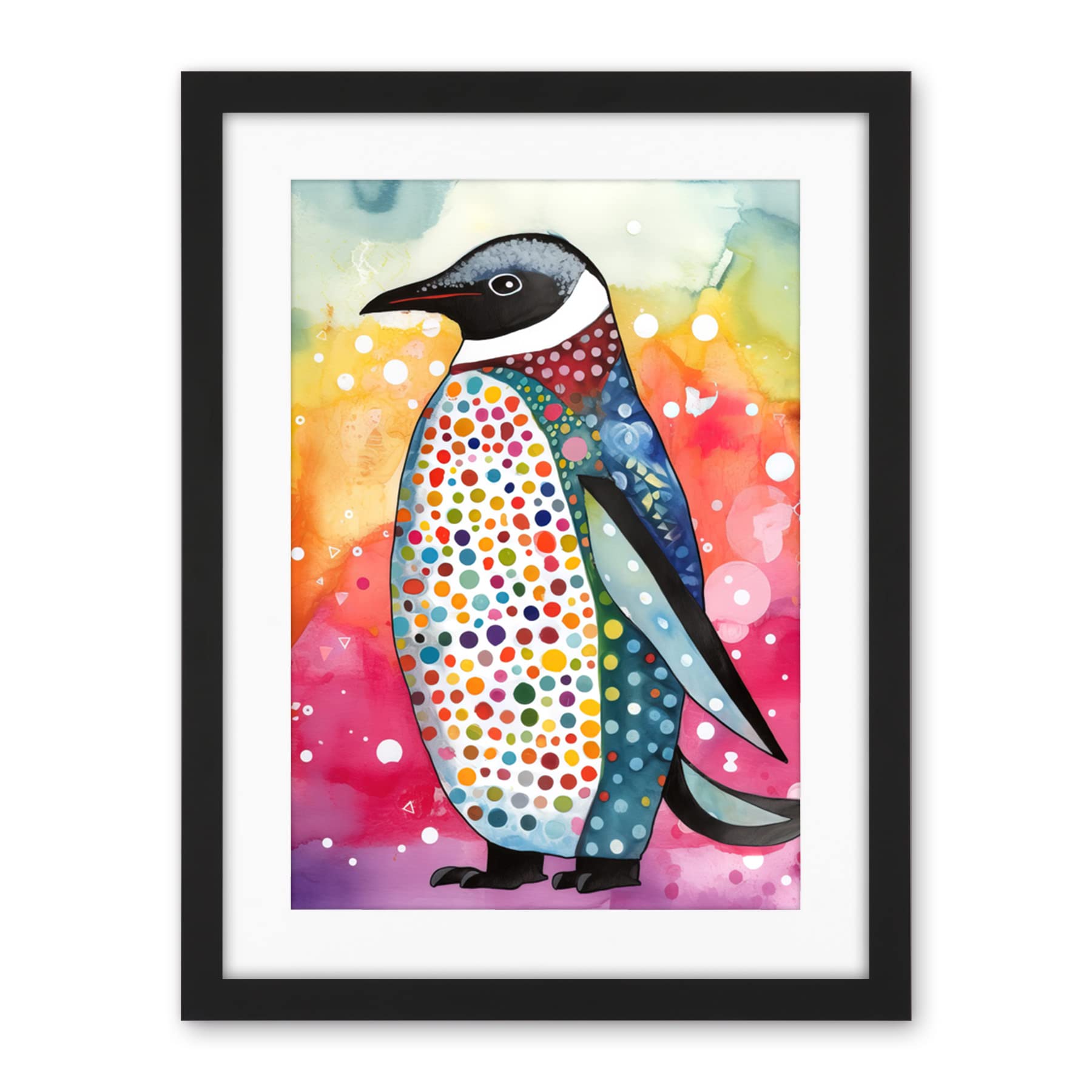 Artery8 Cute Multicoloured Spot Penguin Folk Art Artwork Framed Wall Art Print 18X24 Inch