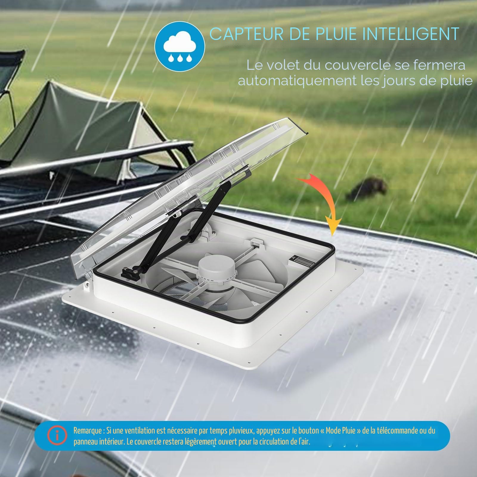 2012 Ventilateur de Toit 12V(24V Max) pour Camping-Car, Lanterneau 400 mm avec Télécommande, Flux d'Air Réversible, Ventilation Ultra Silencieuse, Couvercle Transparent Anti-UV