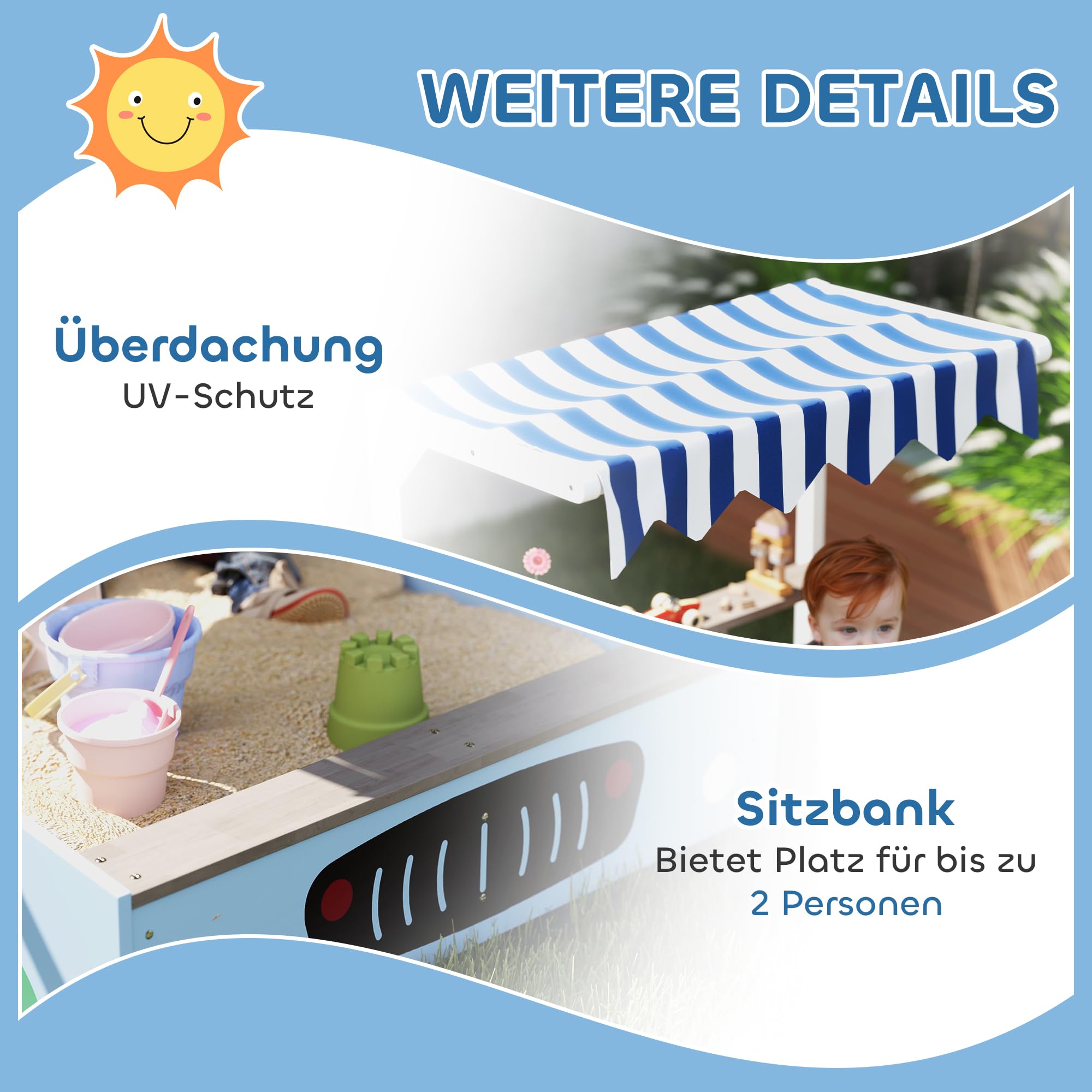 AIYAPLAY Sandkasten mit Abdeckung 90 x 120 cm aus Massivholz Imprägniert Kinder Sandbox mit Sitzbänken Zeichentafel, Pflanzkästen, Matschküche, Sandkiste für Outdoor Balkon Garten