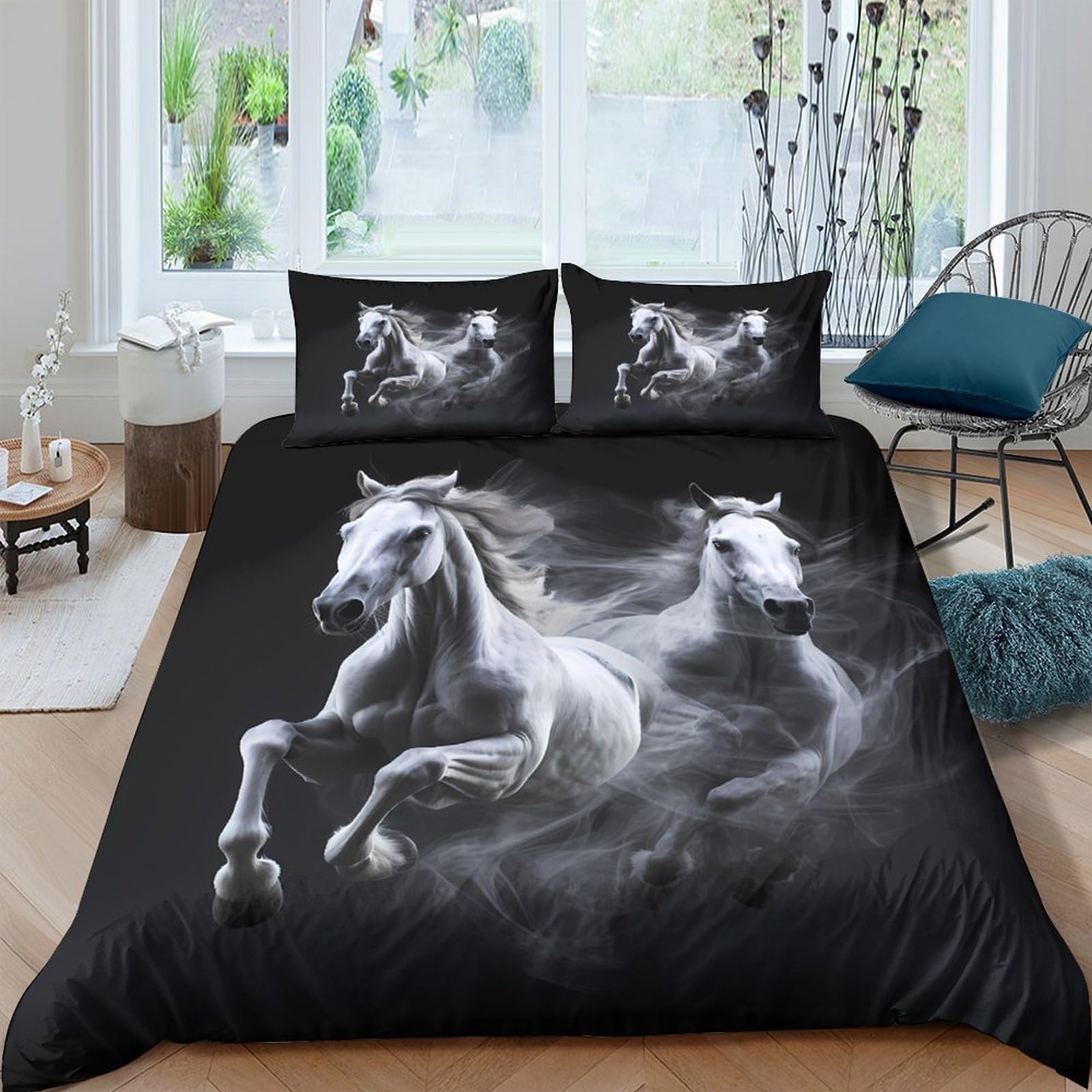 Ctjqhvkz Style-7 3D Printed White Horse Fitted Sheet Microfiber Soft Breathable Black Stallion Bed Cover For Bedroom Guest Room Decor Single（135X200cm）