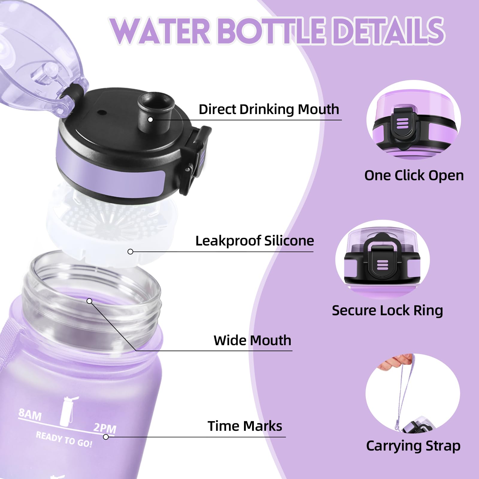 Motswedi Borraccia 1 litro,Riutilizzabile, Borraccia Motivazionale, a Prova di Perdite, Bottiglia Acqua, Senza BPA, Borracce, per Sport, Ufficio, Ciclismo, Palestra, Viola chiaro&Rosa