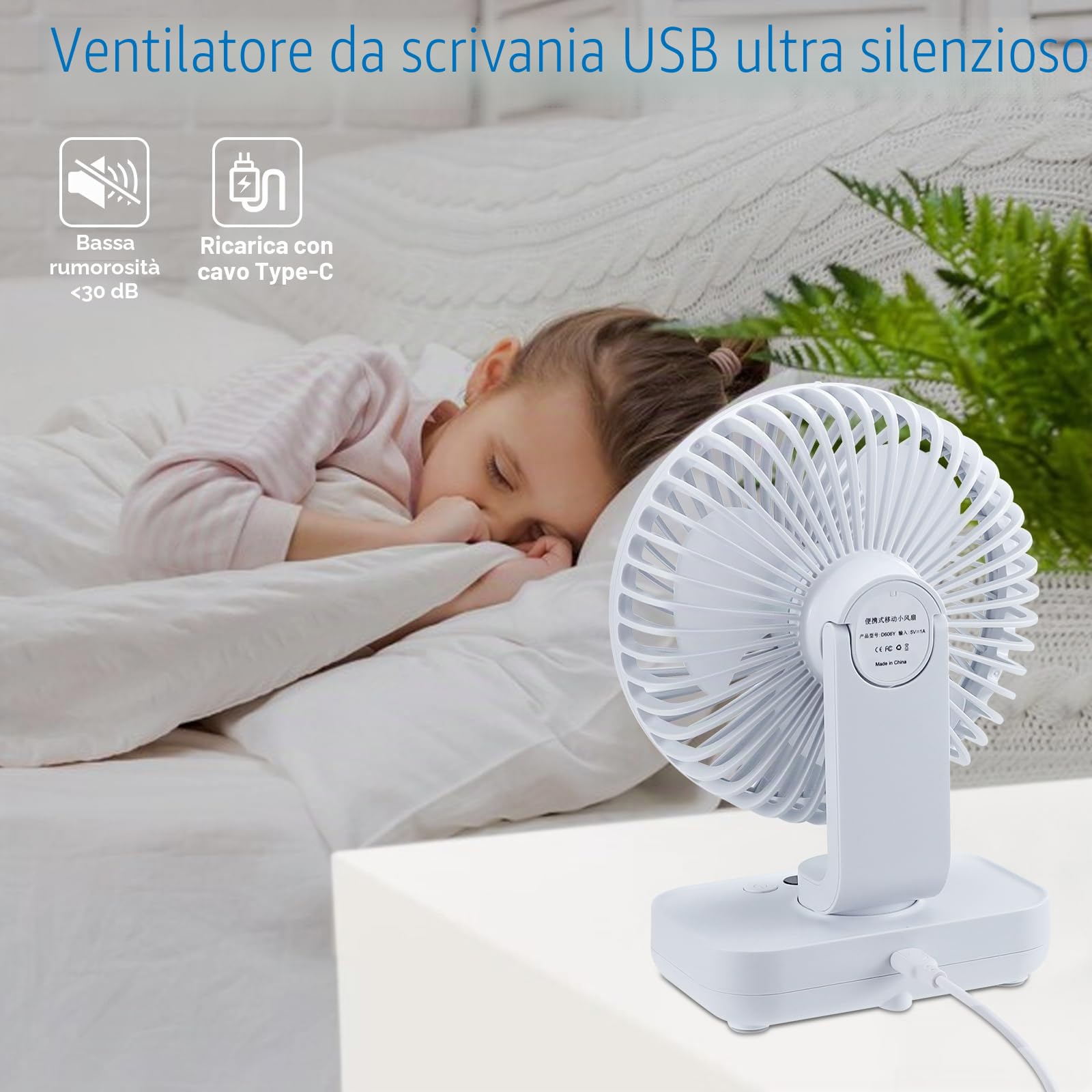 Ventilatore da Tavolo USB Silenzioso, Piccolo Ventilatore Potente 4 Velocità, Auto Oscillante 120°,Mini Ventilatori Desktop Portatile Ricaricabile 4000mAh, per Scrivania Ufficio Casa Viaggi