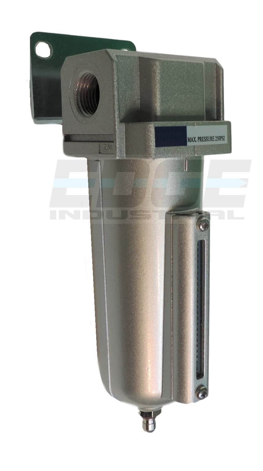HEAVY DUTY HIGH FLOW COMPRESSED AIR IN-LINE PARTICULATE FILTER WITH METAL BOWL, 1/2" NPT PORTS, 140 CFM, VISIBLE SIGHT GLASS, 5 MICRON ELEMENT