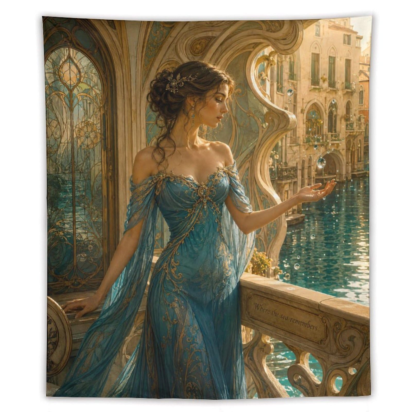 H3B8U2Y5 Woman in Blue Dress Wall Tapestry, Realistic Illustration