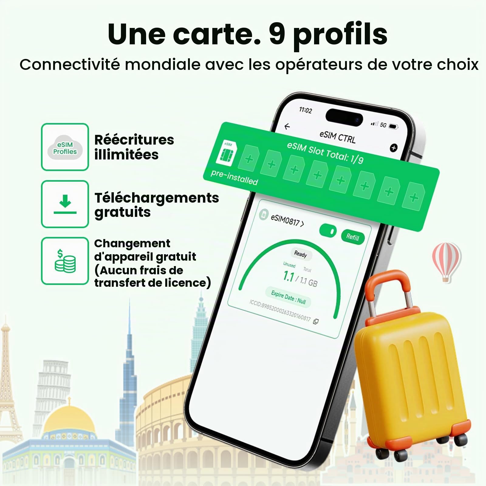 Adaptateur eSIM Physique EIOTCLUB pour Android, Rend Le Slot SIM Compatible eSIM, Inclut 1,1 Go (1 Go Europe + 100 Mo Global), Stocke 9 Profils, Solution Voyage Réutilisable