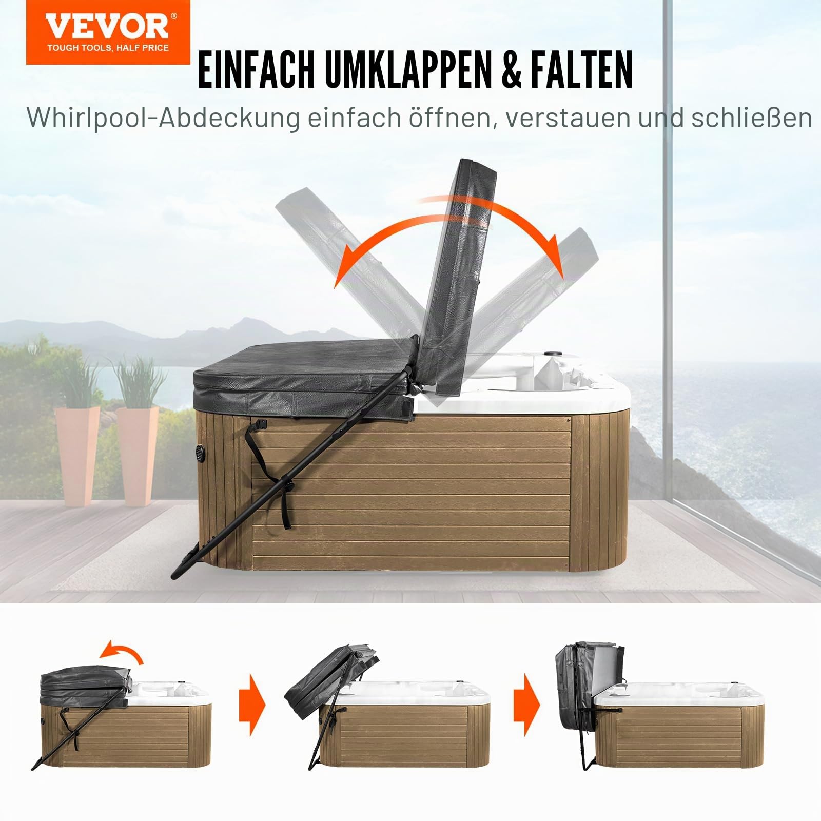 VEVOR Whirlpool-Abdeckungslift, Spa-Abdeckungslift Coverlifter, Höhe 80-105 cm, Breite 135-235 cm Verstellbar Whirlpoolabdeckung-Hebevorrichtung, Abdeckungsheber für Badewannen, Whirlpools, Spa