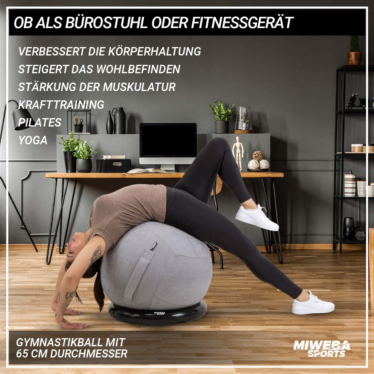 Miweba Sports Gymnastikball | 65 cm ∅ - Traglast 500 kg - Pilates Ball - Pezziball - 4in1 Set inkl Ballauflage - Bürostuhl - Sitzball - Balance Ball - Hüpfball - Pilatesball - Yoga - Schlingentrainer