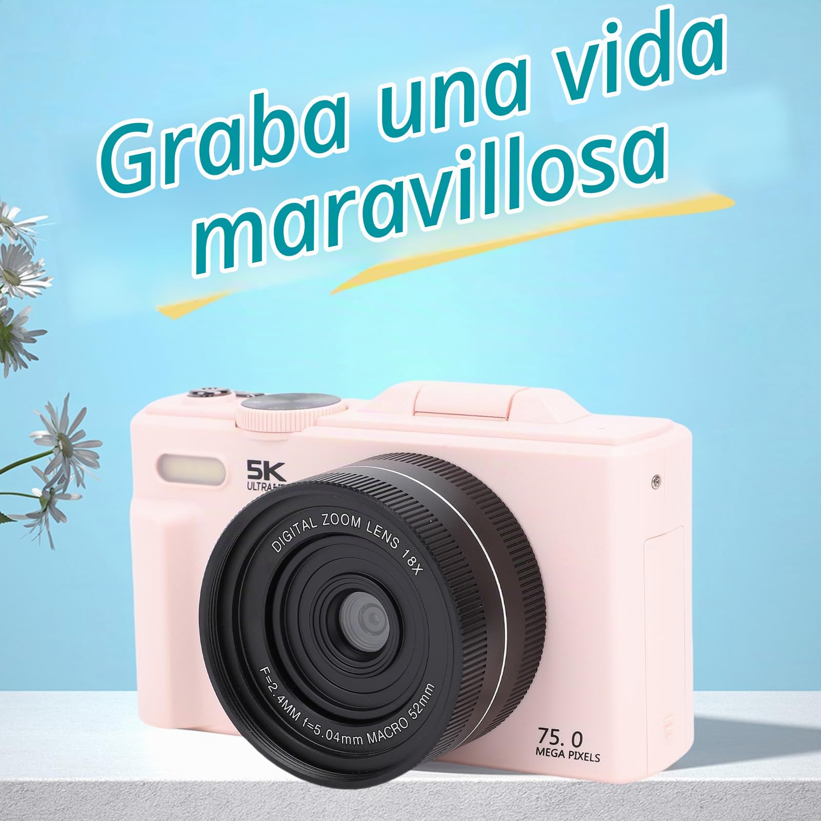 Cámara Digital 5K 75MP con WiFi y Pantalla Giratoria 180°, Cámara Vlogging para Youtube con Zoom 18X, Enfoque Automático Filtro Belleza, Fotografía Macro, Webcam HD