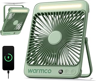 Warmco 20000mAh Akku Camping Ventilator Leise 27cm mit Lampe, 15-48 Std. Laufzeit, Ultraflach, Display, Haken, USB Tischventilator für Zelt, Outdoor, Reisen, Büro, Wohnmobil, Schlafzimmer
