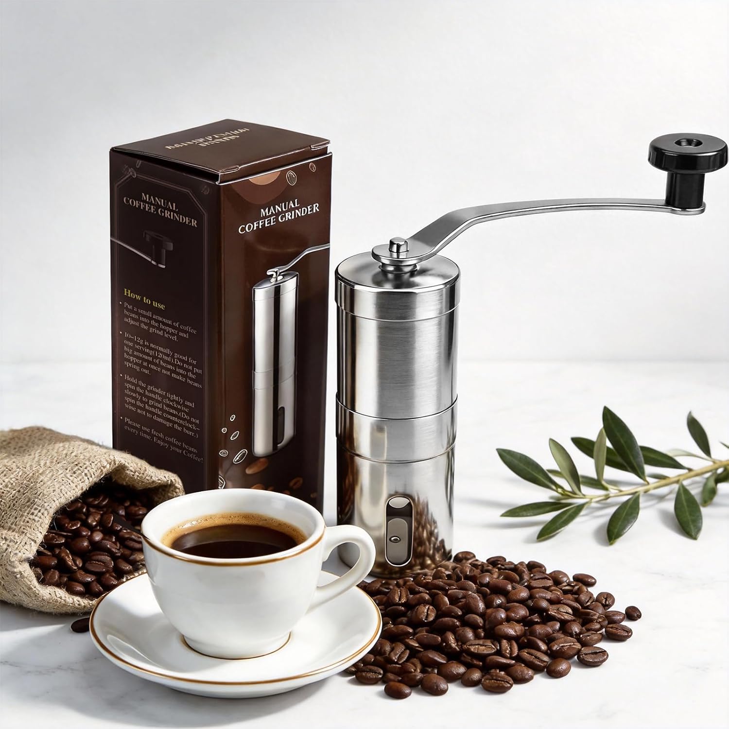 Manual Stainless Steel Coffee Grinder, Portable Conical Burr Hand Crank Grinder for Espresso, Pour Over, French Press & Camping, Quiet Adjustable Grind, Detachable Handle, Travel-Friendly - Image 9