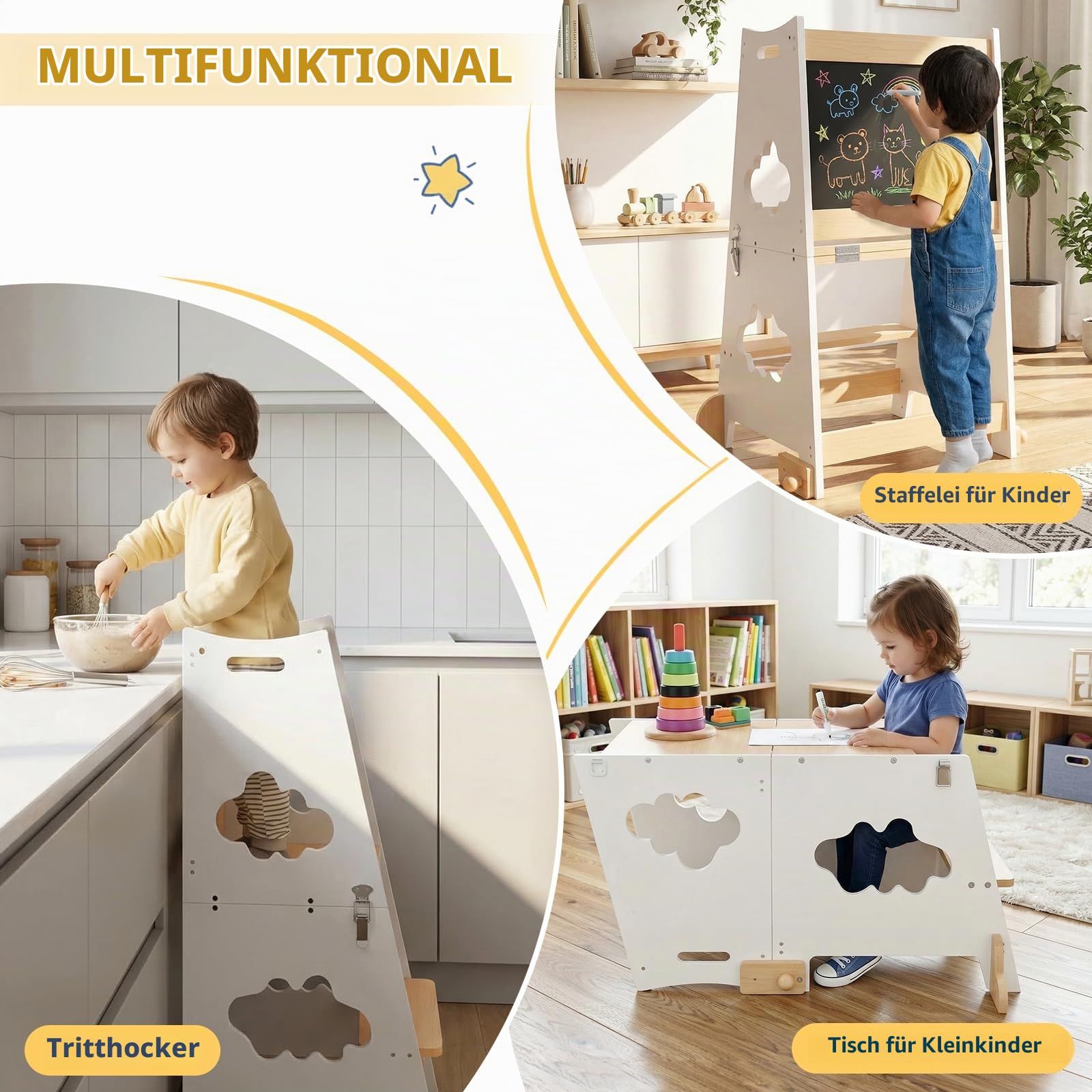 KIDINIX Lernturm ab 1 Jahr, 3 in 1 Montessori Learning Tower mit Sicherheitsgeländer und Tafel, Klappbarer Lernstuhl Kinder mit Tischfunktion für Küche, Bad (Natur & Weiß)