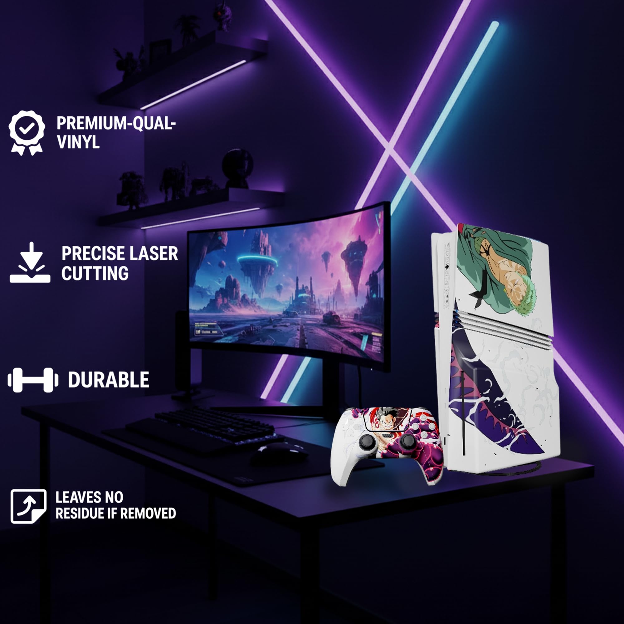 MaD Vision® Extra-Durable Skin Kit per PlayStation 5 (PS5) Digital | Set di Pellicole Adesive in Vinile Opaco per la Console e 2 Controller - per Anime|OnePiece Design