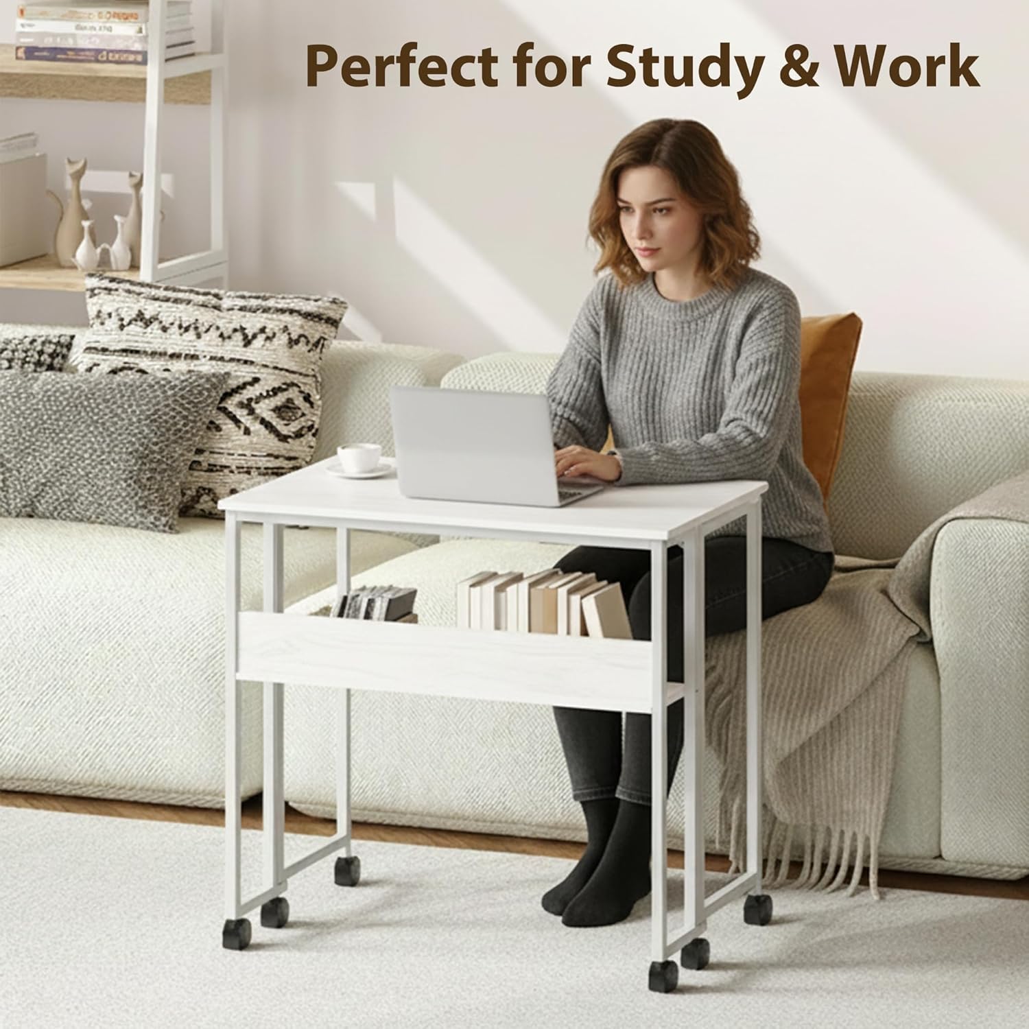 Garvee Escritorio Plegable - Mesa Escritorio 24.8 Pulgadas, Material Ecológico de Calidad, Multifunción con Almacenamiento, Móvil y Compacto, Soporte 135 Libras, Color Blanco