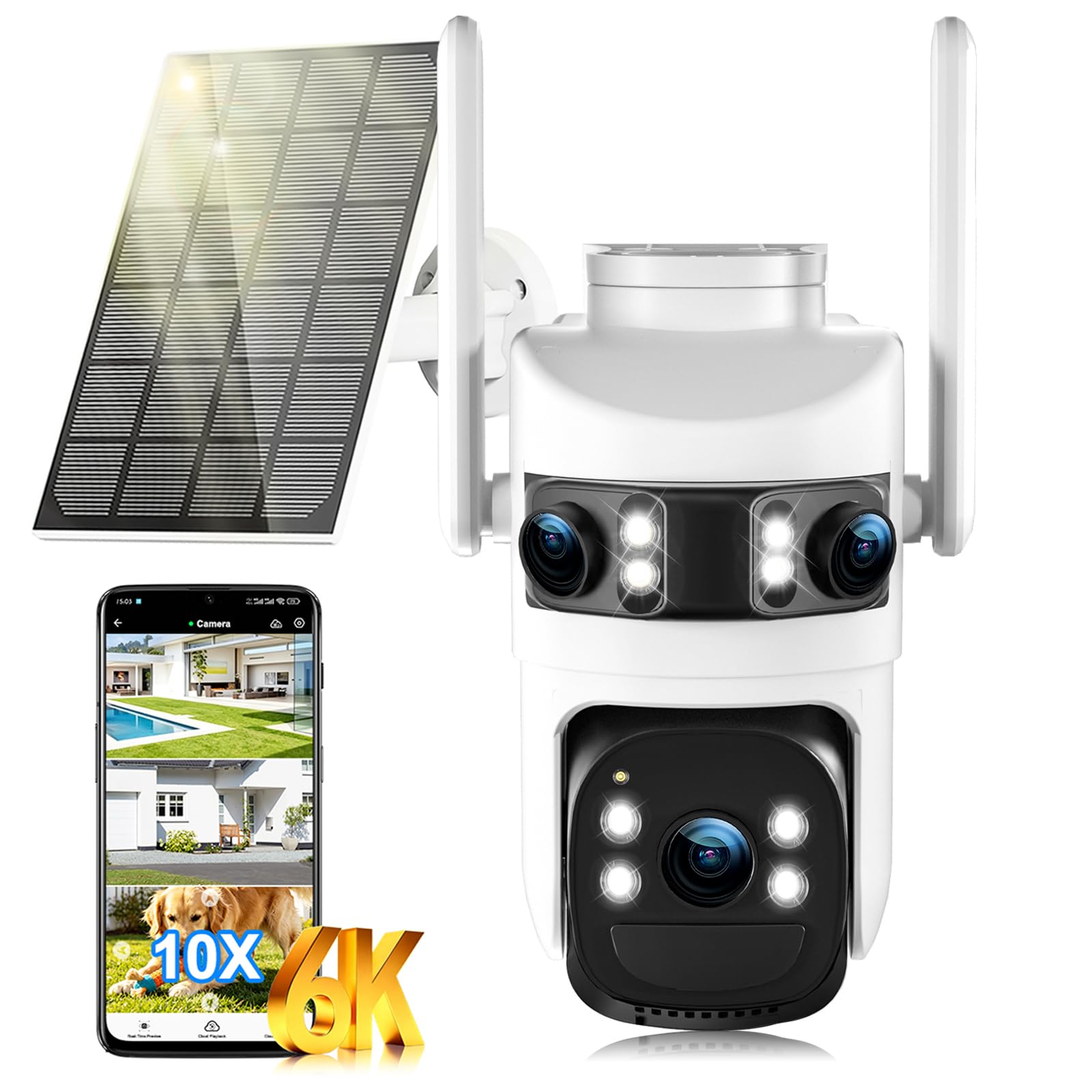 6K Telecamera Wi-Fi Esterno,Triple Obiettivo Telecamera WiFi Senza Fili con Pannello Solare,Audio Bidirezionale,Videocamera Sorveglianza,Visione Notturna a Colori,Rilevamento Umano PIR,2.4G/5GHz,IP66