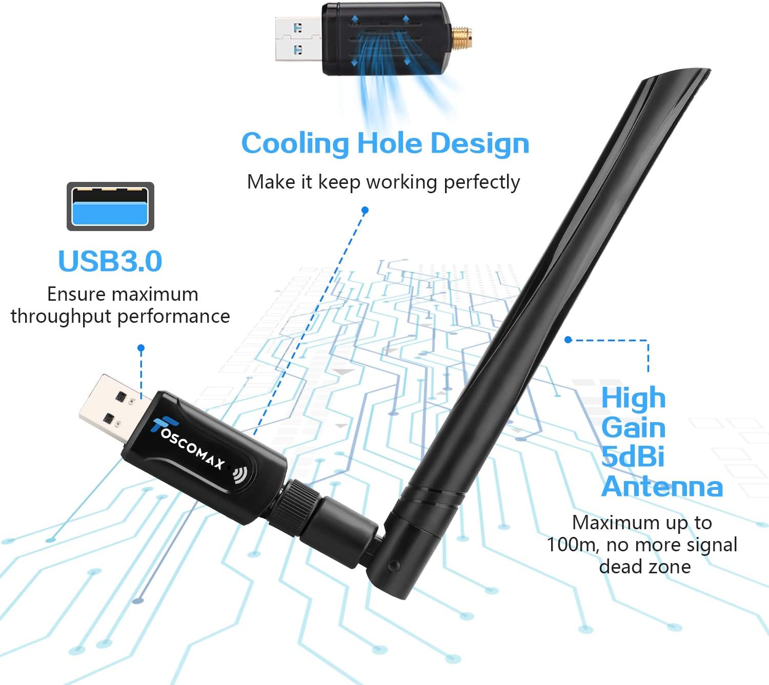 Foscomax WiFi Adapter, 1200Mbps USB 3.0 WiFi Dongle Dual Band 5.8GHz/2.4GHz Wireless Network Adapter with 5dBi Antenna for PC/Desktop/Laptop Support Win 10/8/7/Vista/XP Mac OS 10.6-10.15