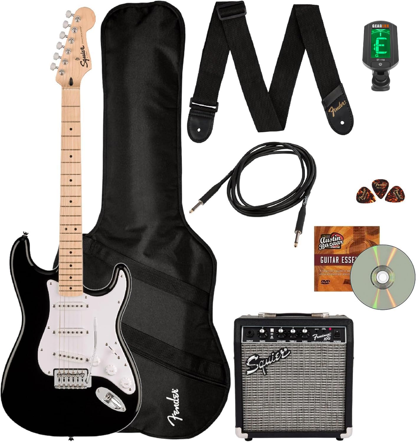 Squier Sonic Strat Pack - Black Bundle with Frontman 10g Amp, Gig Bag, Strap, Cable, Picks, and Austin Bazaar Guitar DVD