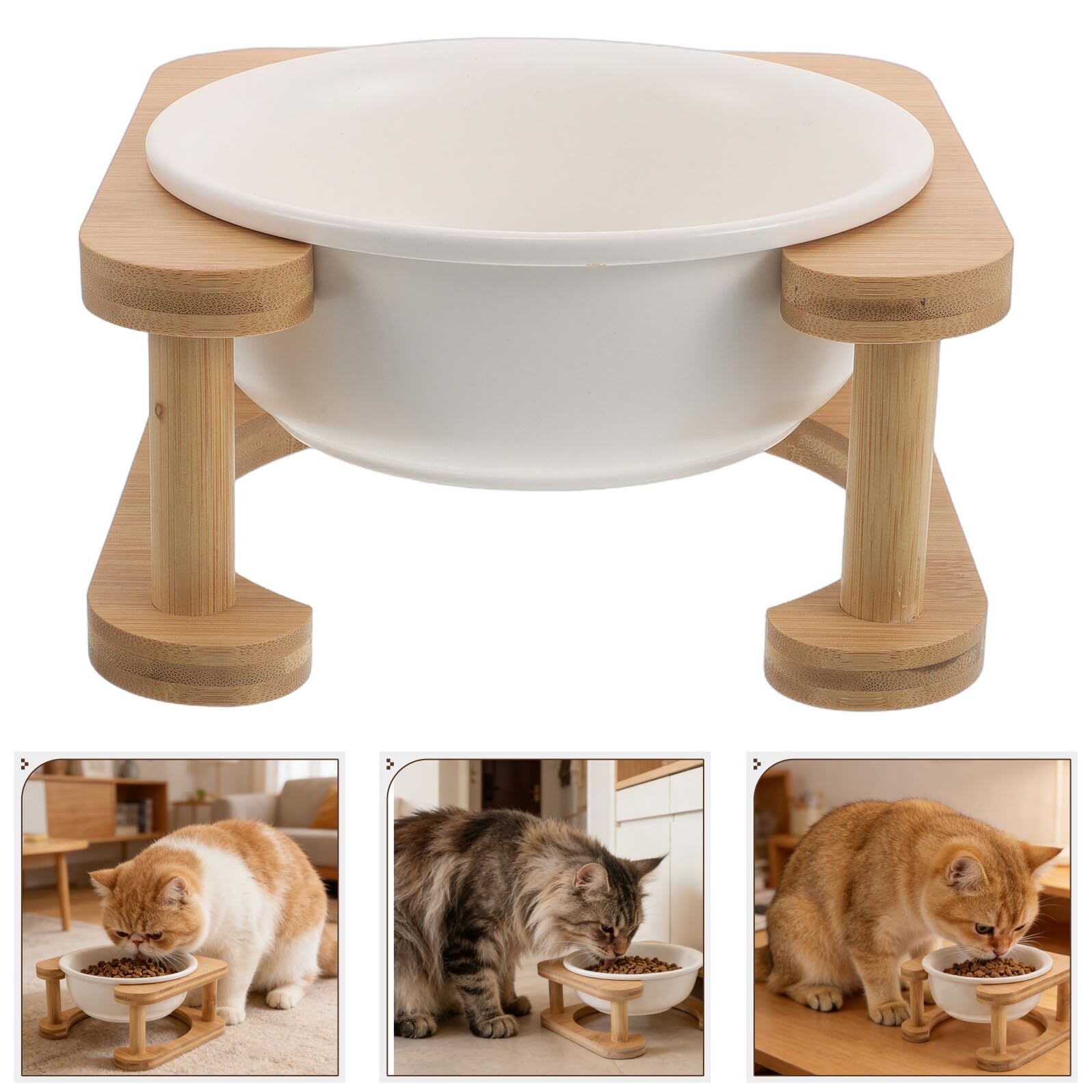 TOYANDONA Ciotola per Cibo per Cani Rialzata in Ceramica da 600 Ml con Supporto in Legno Bianco Antiribaltamento, Stazione di Alimentazione per Animali Domestici da Interno e Uso Quotidiano