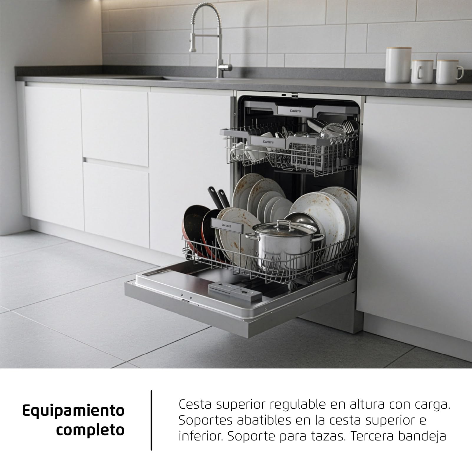 Corberó - Lavavajillas Excellence 60cm | CLVG91536X | 15 cubiertos | 6 programas | 4 Temperaturas | Display LED | Tercera Bandeja | Autoapertura y Zona Dual | Compatible con tablets 3 en 1 | Inox