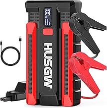 Husgw Booster Batterie Voiture 2000A, Démarreur de Voiture (Jusqu'à 7L Essence/5.5L Diesel), 12V Portable Jump Starter avec Éclairage Modes Lumière LED, Grand Écran, Pinces de Sûreté Intelligentes