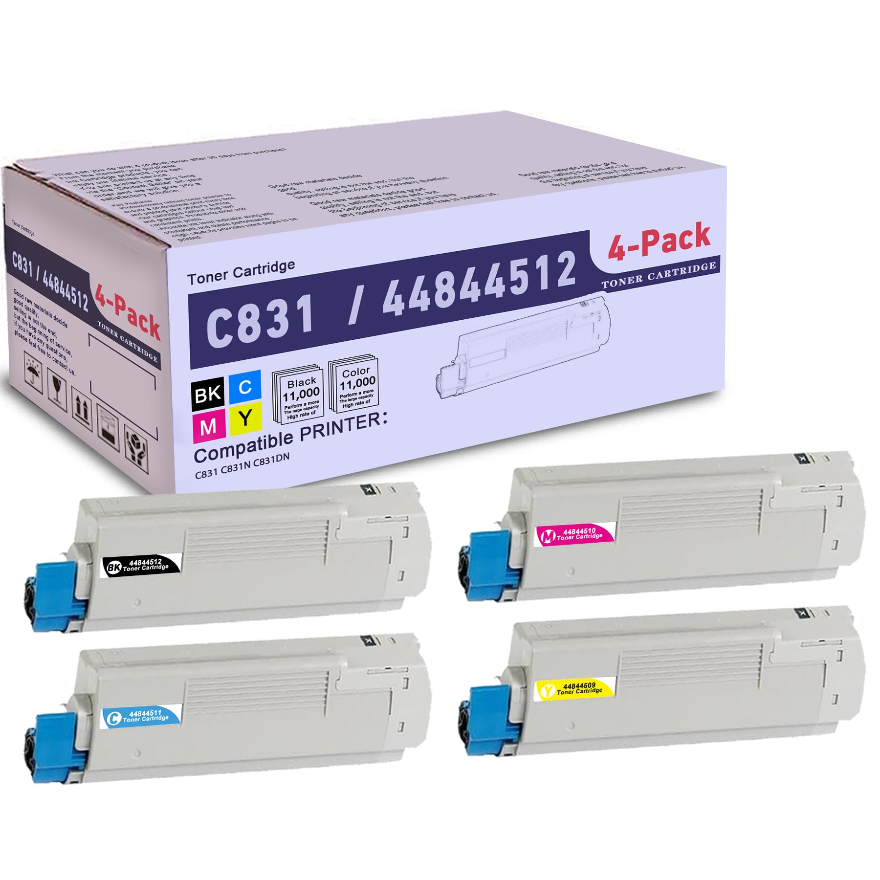 4 Pack BK/C/M/Y 44844512 Compatible C831 Toner Cartridge, Replacement for OKI C831 (44844512) - Compatible with: C831 C831N C831DN Printer | Up to 11,000 Pages 1 Each