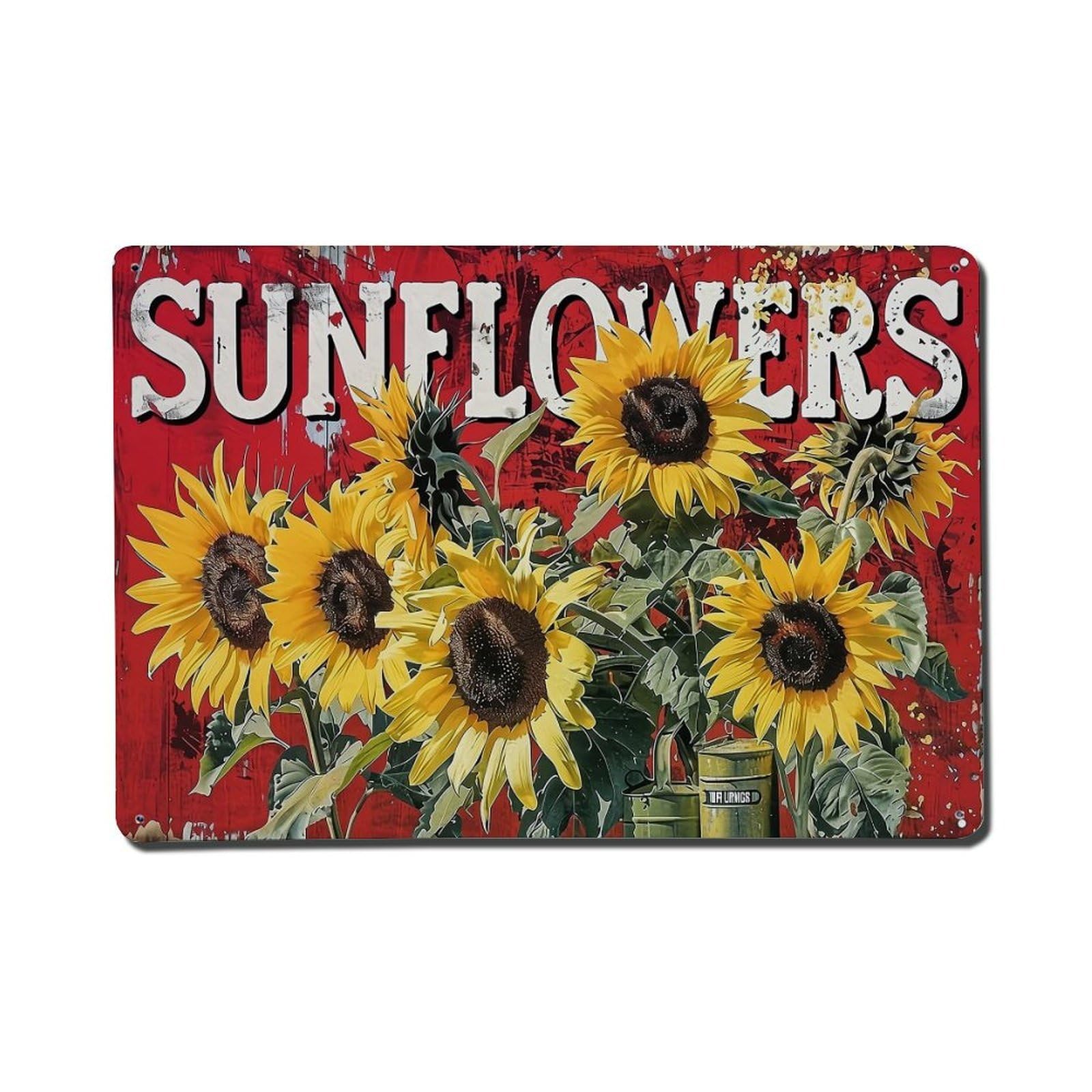 Sunflowers On Red Background With Text Retro Metal Tin Sign, Vintage Decor Art Poster for Bar, Home, Man Cave, Kitchen, Laundry Room Gift 8x12Inch