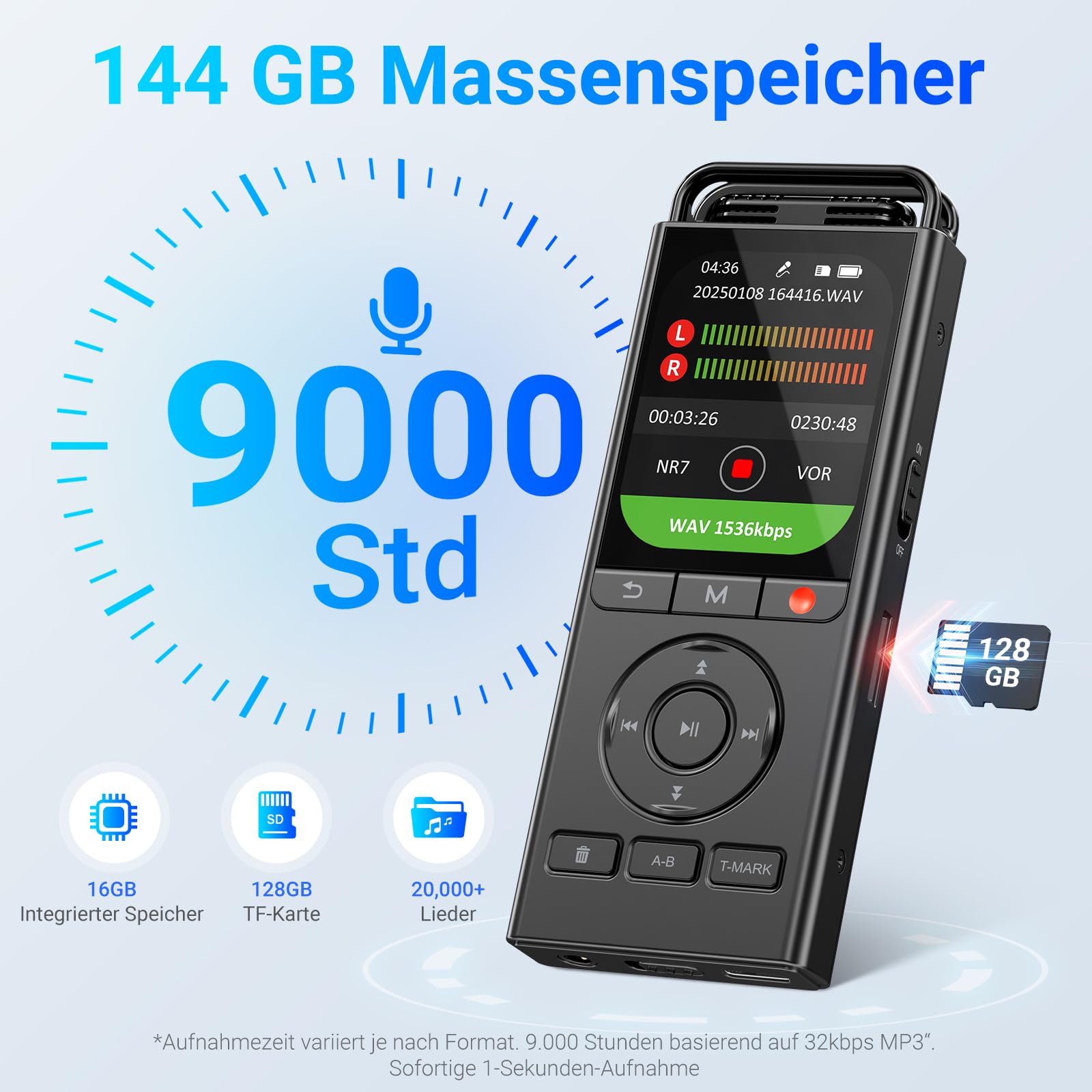 MECHEN 144GB Diktiergerät Digital, Sprachaktiviertes Aufnahmegerät mit 10,000 h Aufnahmezeit, 3072Kbps HD Audio, Rauschunterdrückung, VOR Modus, Passwort & Musikwiedergabe, USB C (V06)