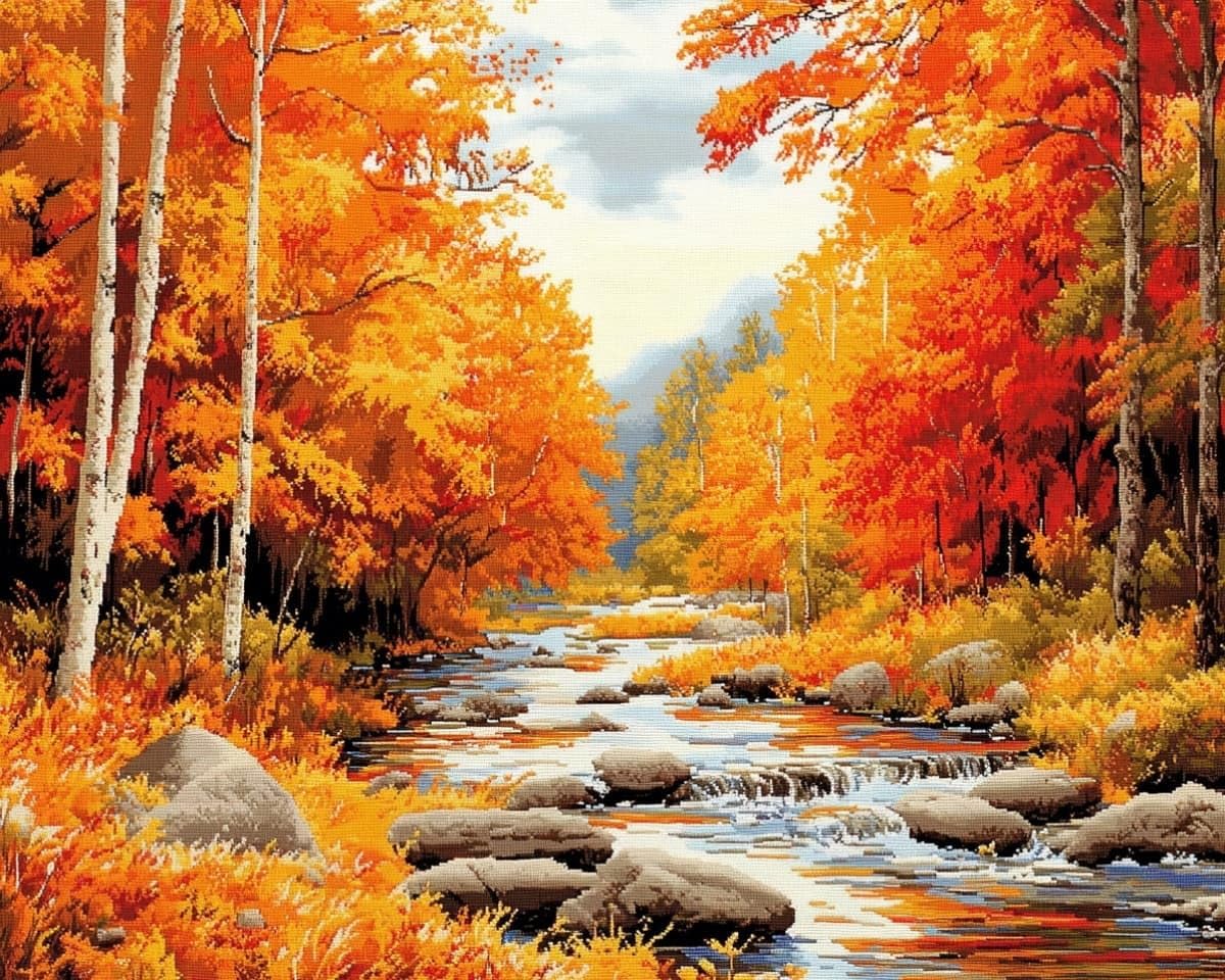 AxiangziK Stamped Cross Stitch Kits for Adults,Autumn Forest Landscape Beginners DIY Gift Embroidery Needlework Crafts Home Decor 16x20 inch Easy (11CT Pre-Printed)