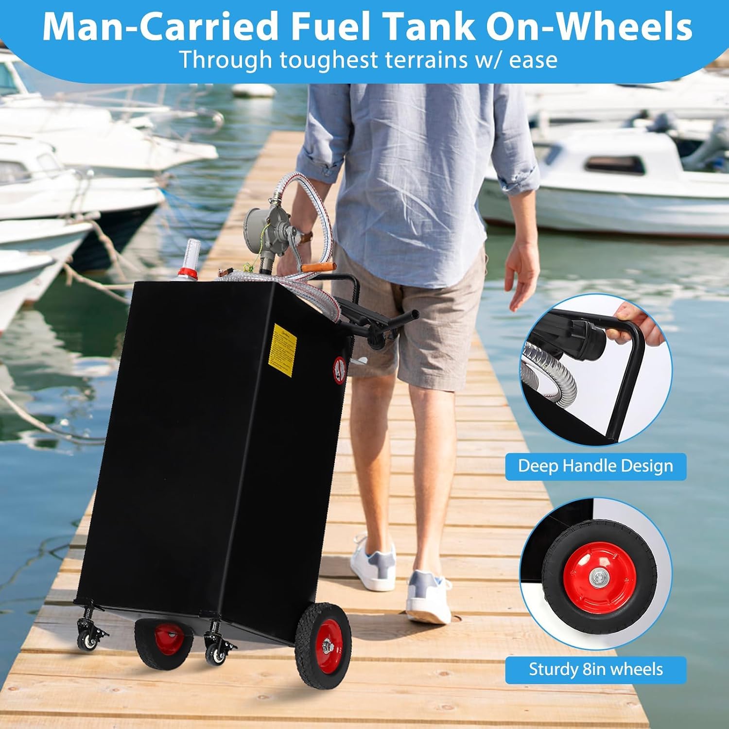 35 Gallon Portable Fuel Caddy with Manual Pump, Heavy Duty Mobile Fuel Transfer Tank On 4 Wheels, Gasoline & Diesel Storage Container for Trucks, Boats, ATVs, Lawn Mowers, Farm Equipment - Black