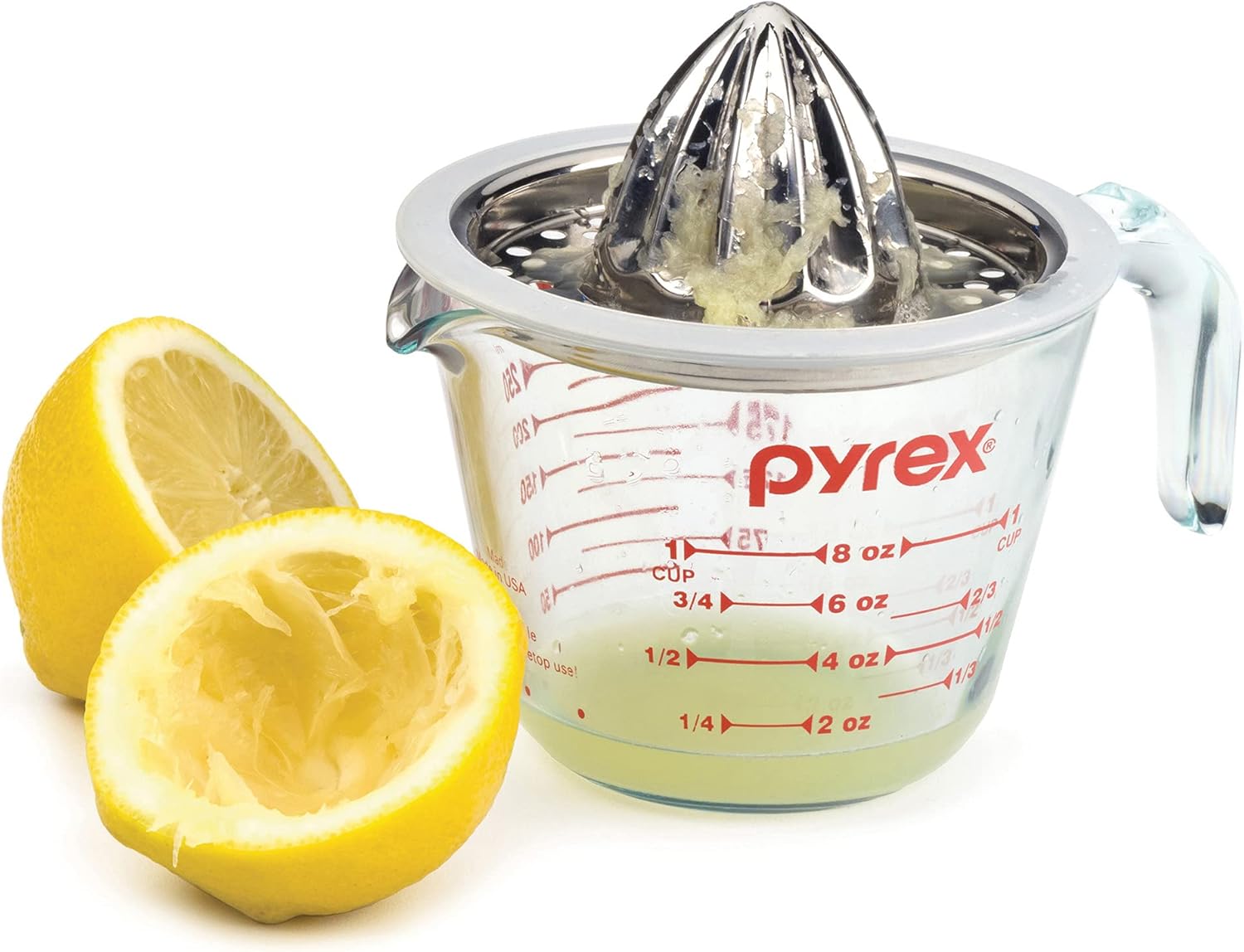 RSVP International Endurance® (JUC-PYX) Manual Hand Citrus Juicer Squeezer, Stainless Steel, 4.75 Inch Dia. | Use w/ Pyrex Cups, Bowls | For Oranges, Grapefruits, Lemons | Dishwasher Safe,Silver : Everything Else