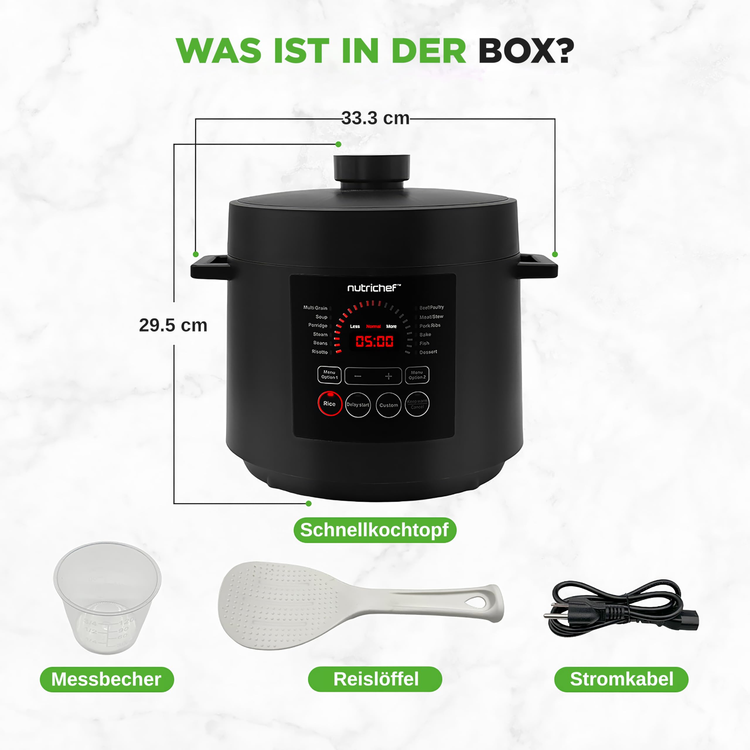 NutriChef Multikocher 5,7 L Elektrischer Schnellkochtopf, 9 Programme, Digitaler Druckkocher, Reiskocher & Dampfgarer, Schwarz
