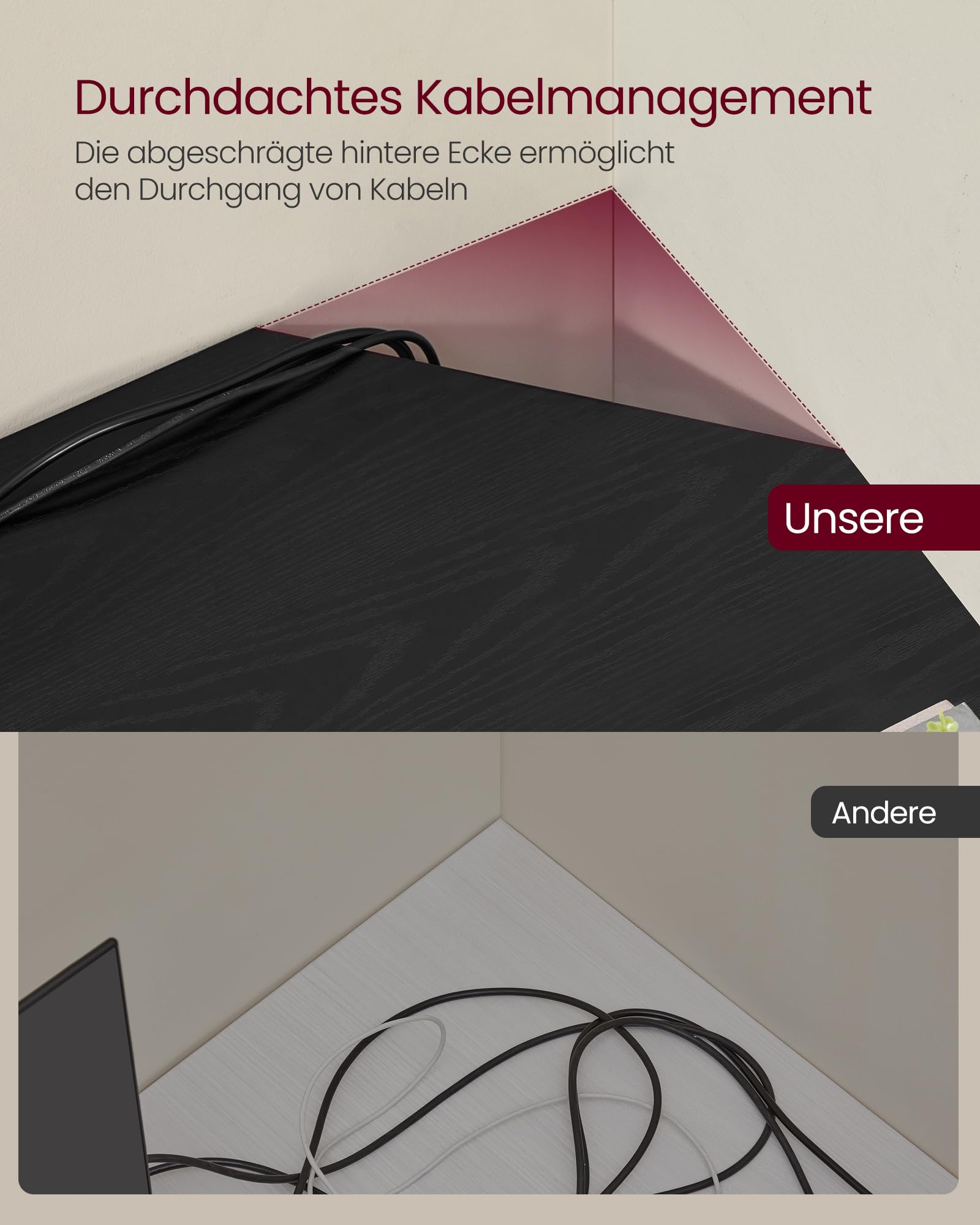VASAGLE Schreibtisch, L-förmiger Computertisch, 140 x 140 x 76 cm, Eckschreibtisch, platzsparender Bürotisch, Gaming, Homeoffice, einfacher Aufbau, ebenholzschwarz-tintenschwarz LWD073B56V1