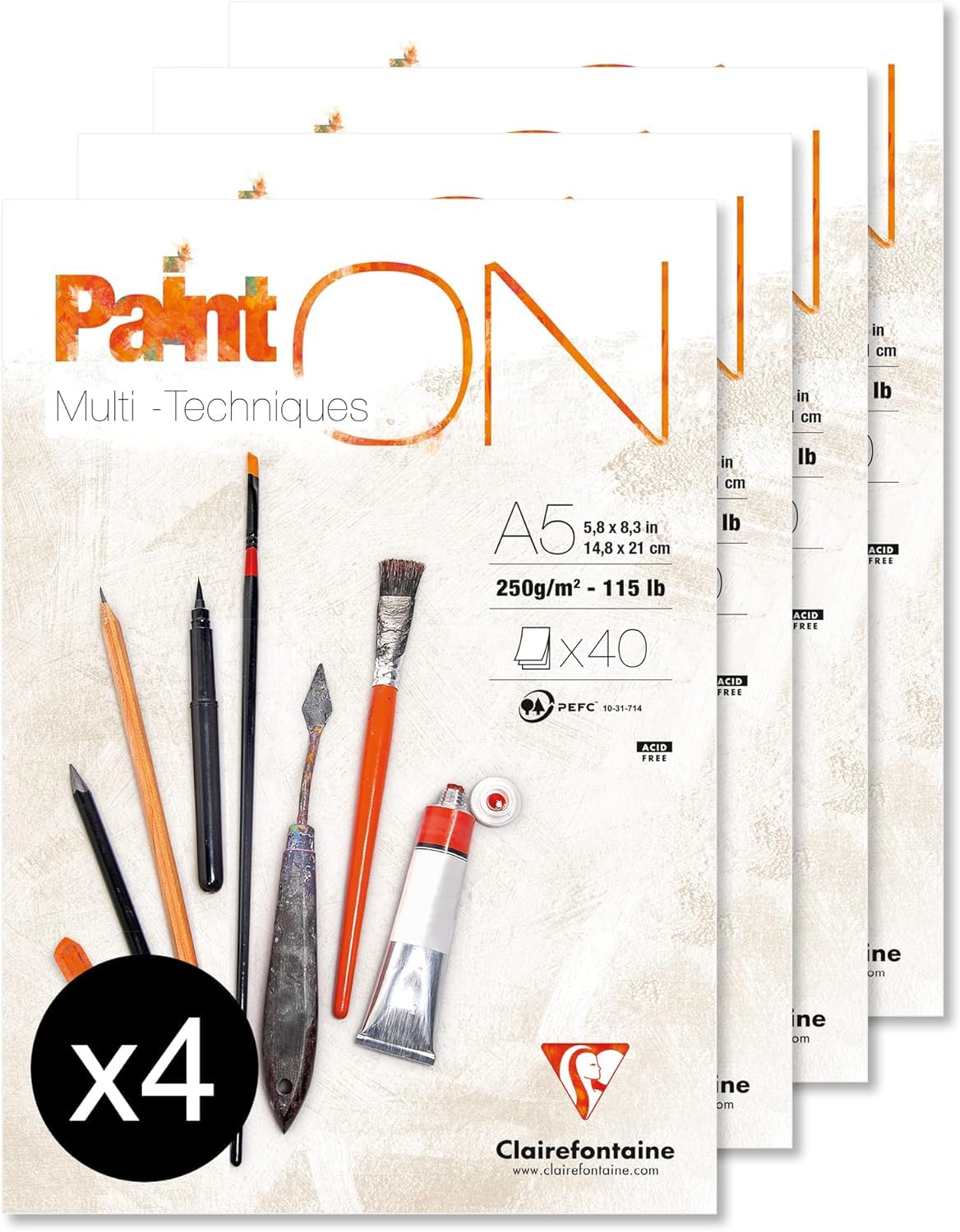 Clairefontaine 96538C - Un bloc encollé de papier dessin Paint'On 40 feuilles 14,8x21 cm 250g, Blanc- Paquet de 4 blocs