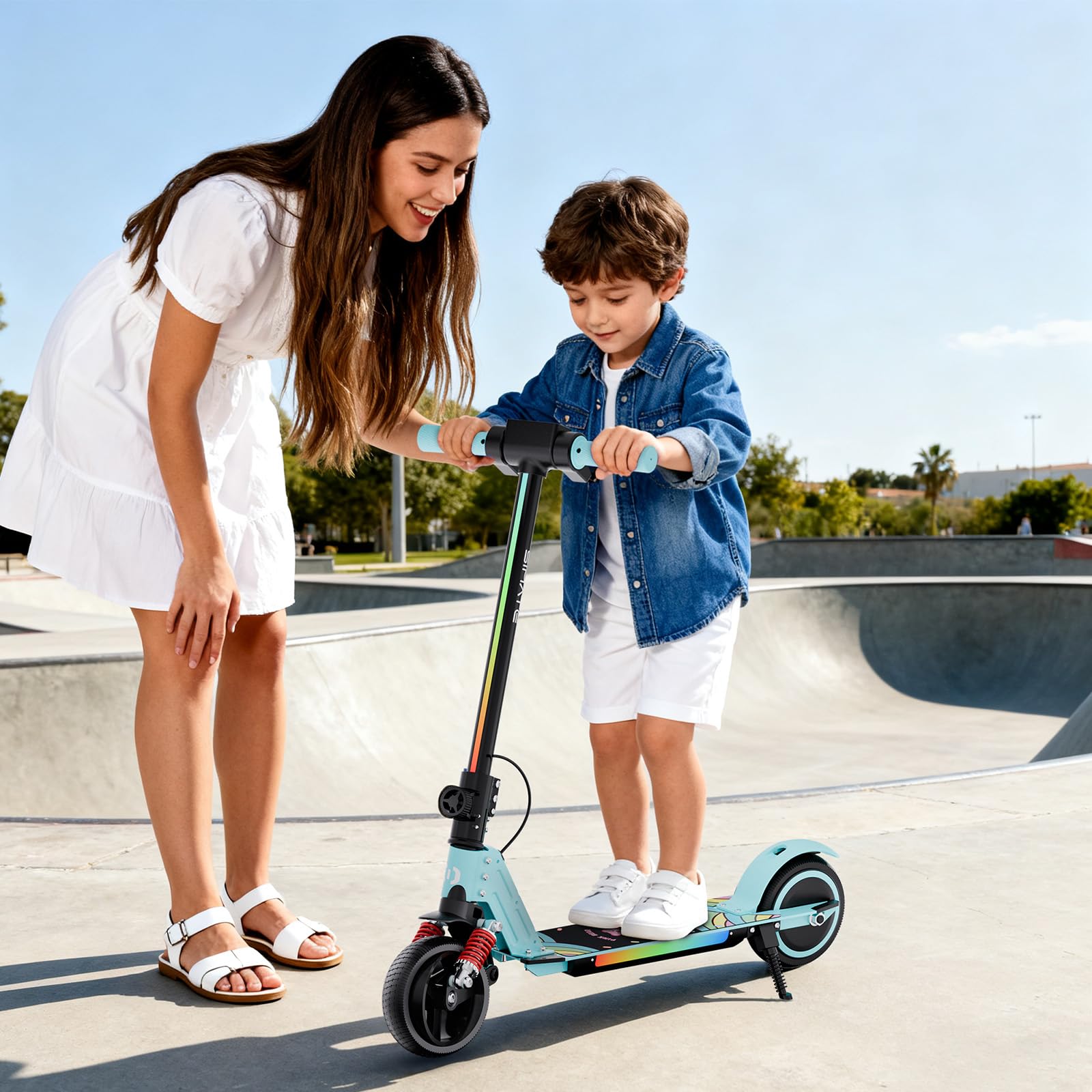 S5 Patín Eléctrico para Niños, Scooter Eléctrico Plegable con Luz LED, Llantas Todo Terreno de 6,5", Velocidad Máx. 14 km/h, para 6-14 Años, Azul Cielo