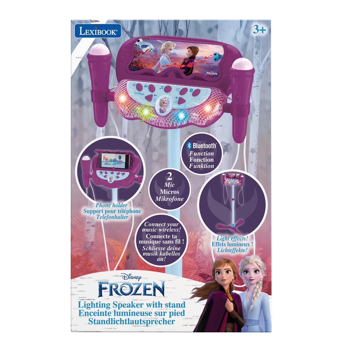 Lexibook Frozen La Reine des Neiges Enceinte Lumineuse sur Pied pour Enfant, Jeu Musical, Hauteur Ajustable, Effets Lumineux, 2 Microphones Inclus, Prise pour MP3, Prise Aux-in, Violet/Bleu, S160FZ