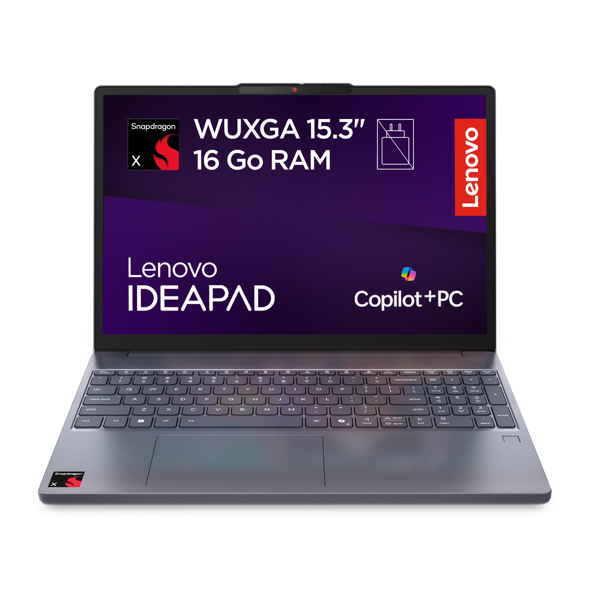 Lenovo IdeaPad Slim 3 15Q8X10 - Ordinateur Portable 15.3'' WUXGA Copilot+ (Snapdragon X X1-26-100, RAM 16Go, SSD 256Go, Windows 11 Home) Clavier AZERTY Français - Gris Luna