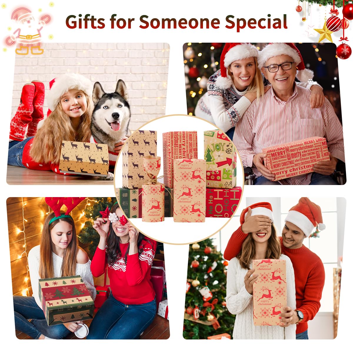 Zindoo 6 vellen rood inpakpapier, cadeaupapier, sneeuwvlok verjaardagspapier, met 2 jute touwtjes en dubbelzijdige tape, 1 sticker, cadeauverpakking set voor feest, verjaardag