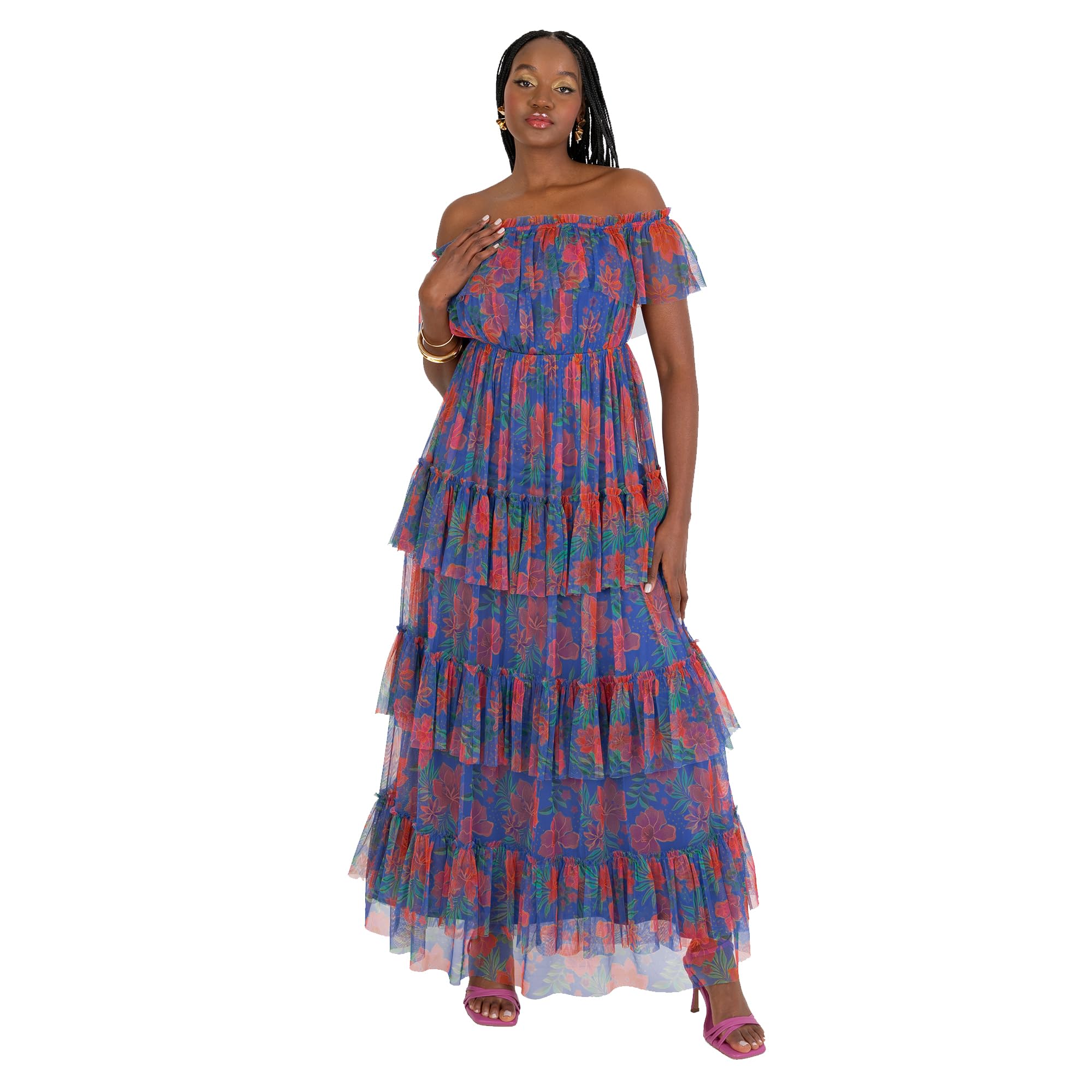 Anaya with Love Vestido Maxi de Tul con Hombros Descubiertos, Cuello a Rayas, Estampado Floral Tropical Nan, Azul Cobalto, 48 Mujeres