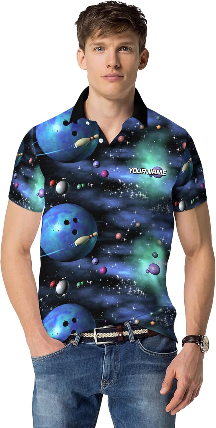 Funny Bowling Golf Shirt Personalized Universe Bowling Ball Short Sleeve T-Shirt for Daddy 3D Bowling Clothes