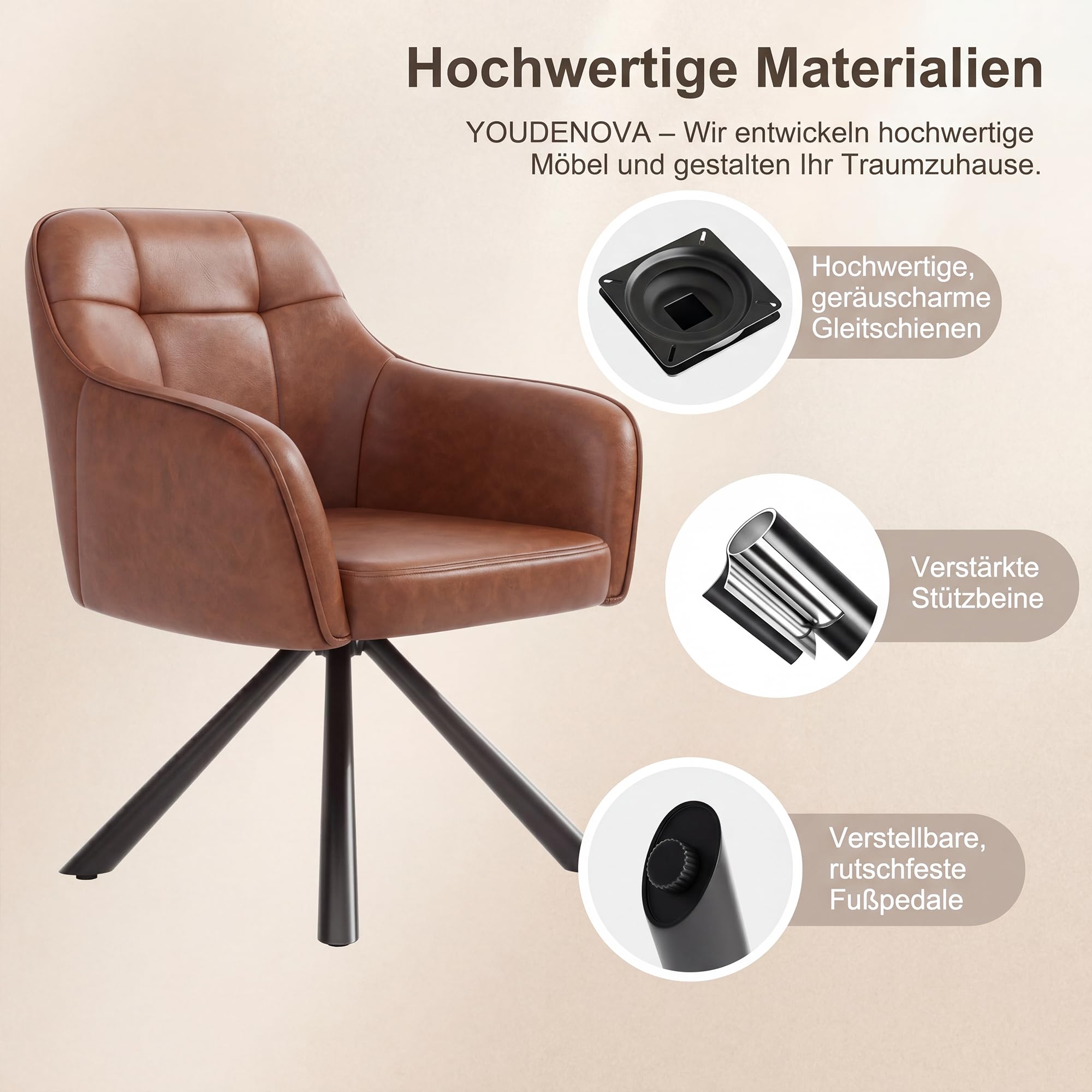 YOUDENOVA Esszimmerstühle 2er Set, 360° Drehbar mit Armlehnen, Cognac Braun