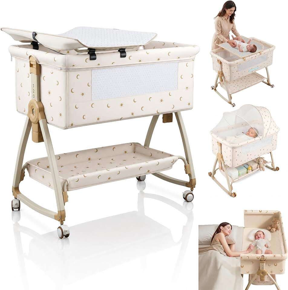 6 em 1 Berço Portátil, Moises para bebe com Fraldário e Mosquiteiro, Acoplado à Cama com Suporte Triangular de Aço Carbono, 6 Alturas e Inclinação Antirrefluxo 5°(Bege)