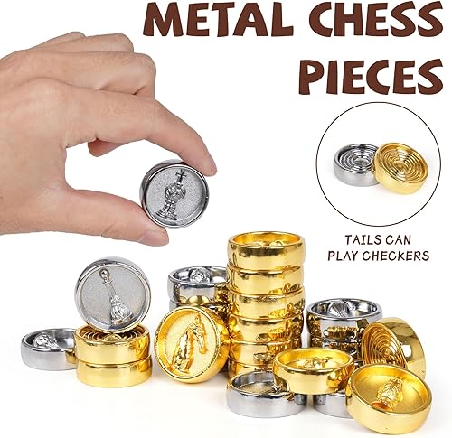 Miniatura 2 de Juego de ajedrez y damas de metal 2 en 1 para adultos y niños - Juegos de ajedrez de viaje de lujo de madera plegable con almacenamiento - Juego de