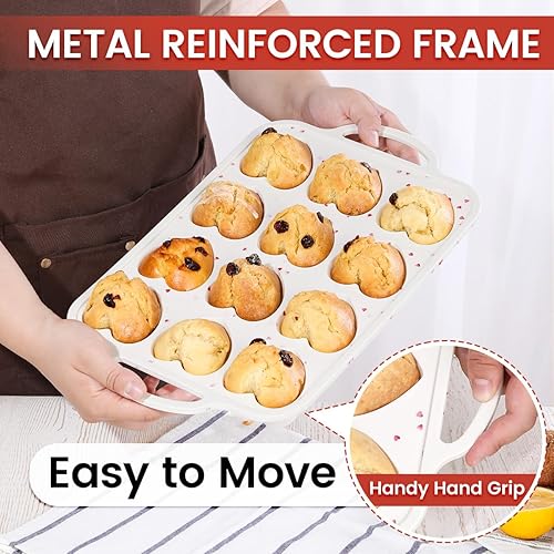 Miniatura 5 de CAKETIME Molde de silicona con forma de corazón, molde de silicona para magdalenas con marco de metal, forma de corazón pequeño, antiadherente para