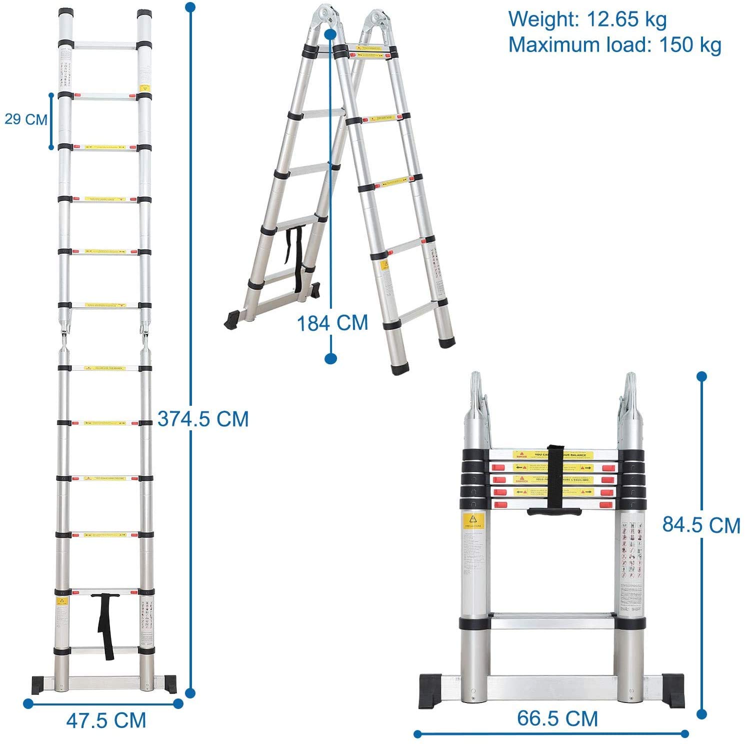 Todeco - Échelle Multifonction, Escabeau - Standards/Certifications: EN131 - Charge maximale: 150 kg - 3,8 mètre(s), Barre stabilisatrice, EN 131