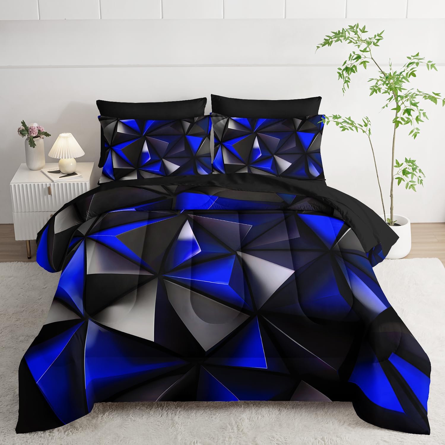Geometric Queen Comforter Set,Blue Black Honeycomb Bedding Set 7 Piece with Comforter Fitted Sheet Flat Sheet Pillowcases,Bed Sets Geometry Decor,Microfiber Lightweight All Season.