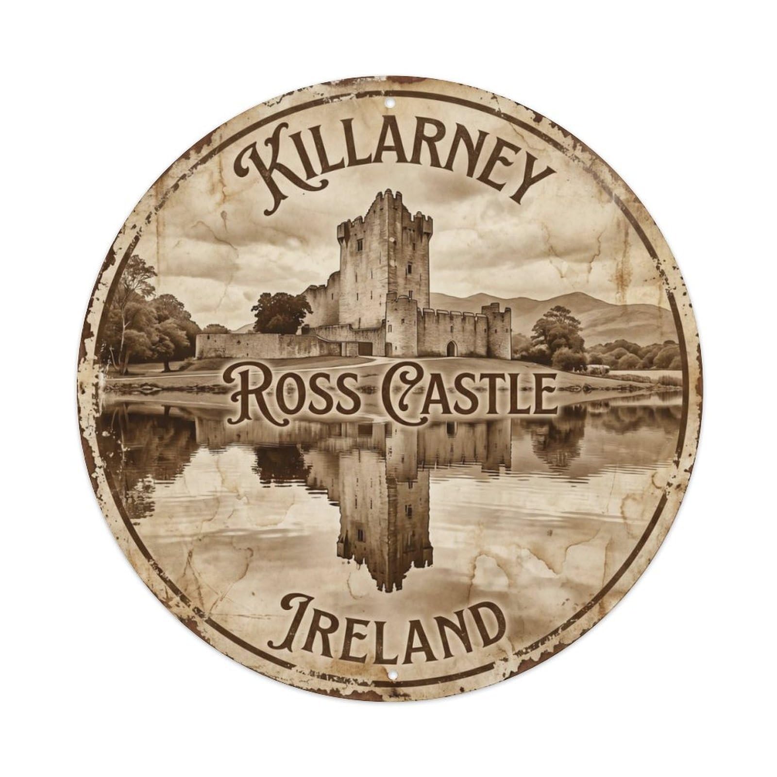 Vintage Travel Ross Castle Ireland Metal Tin Sign Plaque Wall Decor for Cafe, Club Bar, Office, Home Garden Round Metal Poster 8x8Inch