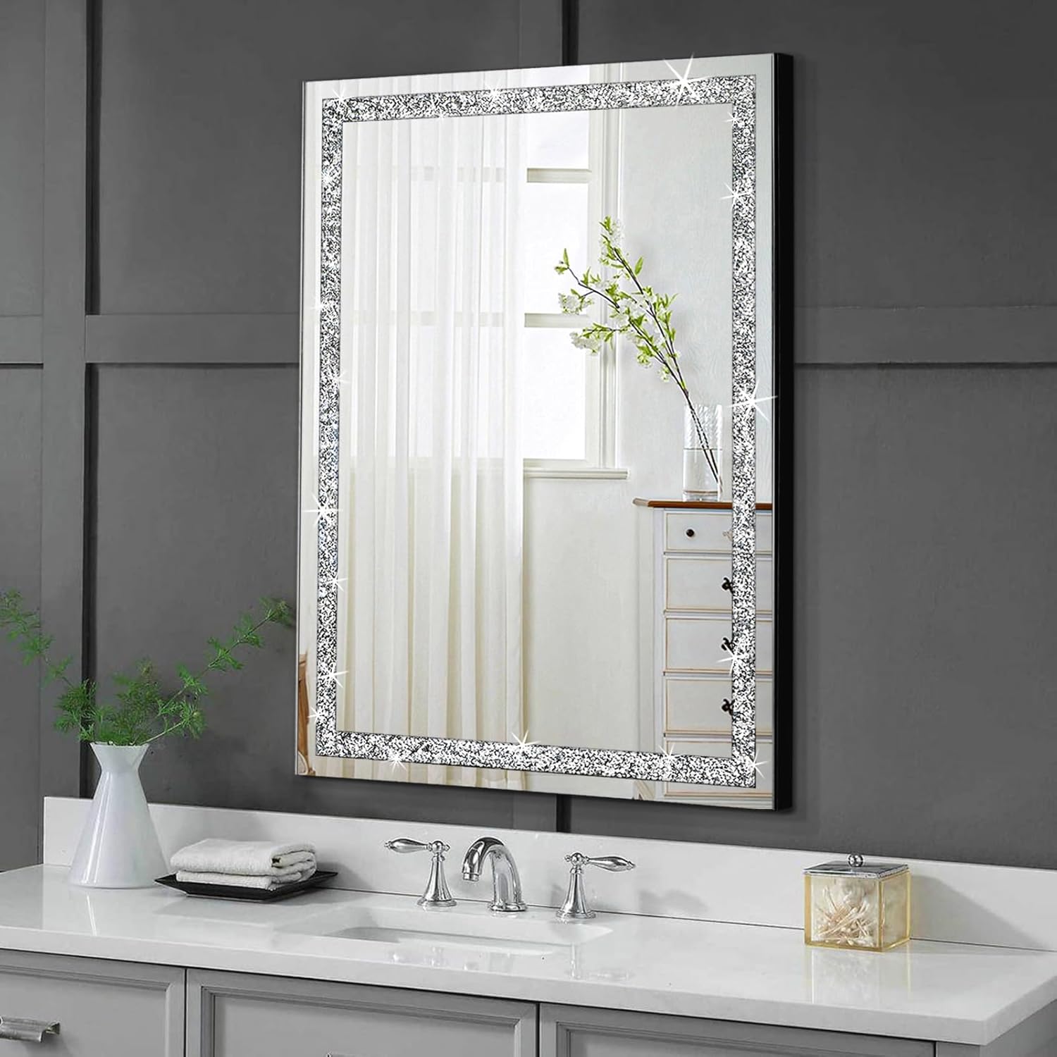 HLFMVWE Rectangle Sparkling Decorative Wall Mirror, for Home Decoration with Silver Crystal Crush Diamond Décor, Dimention 40x50 CM, Wall Hang Frameless Mirrors Glass Diamond Décor 3 712lMwP9IIL. AC SL1500